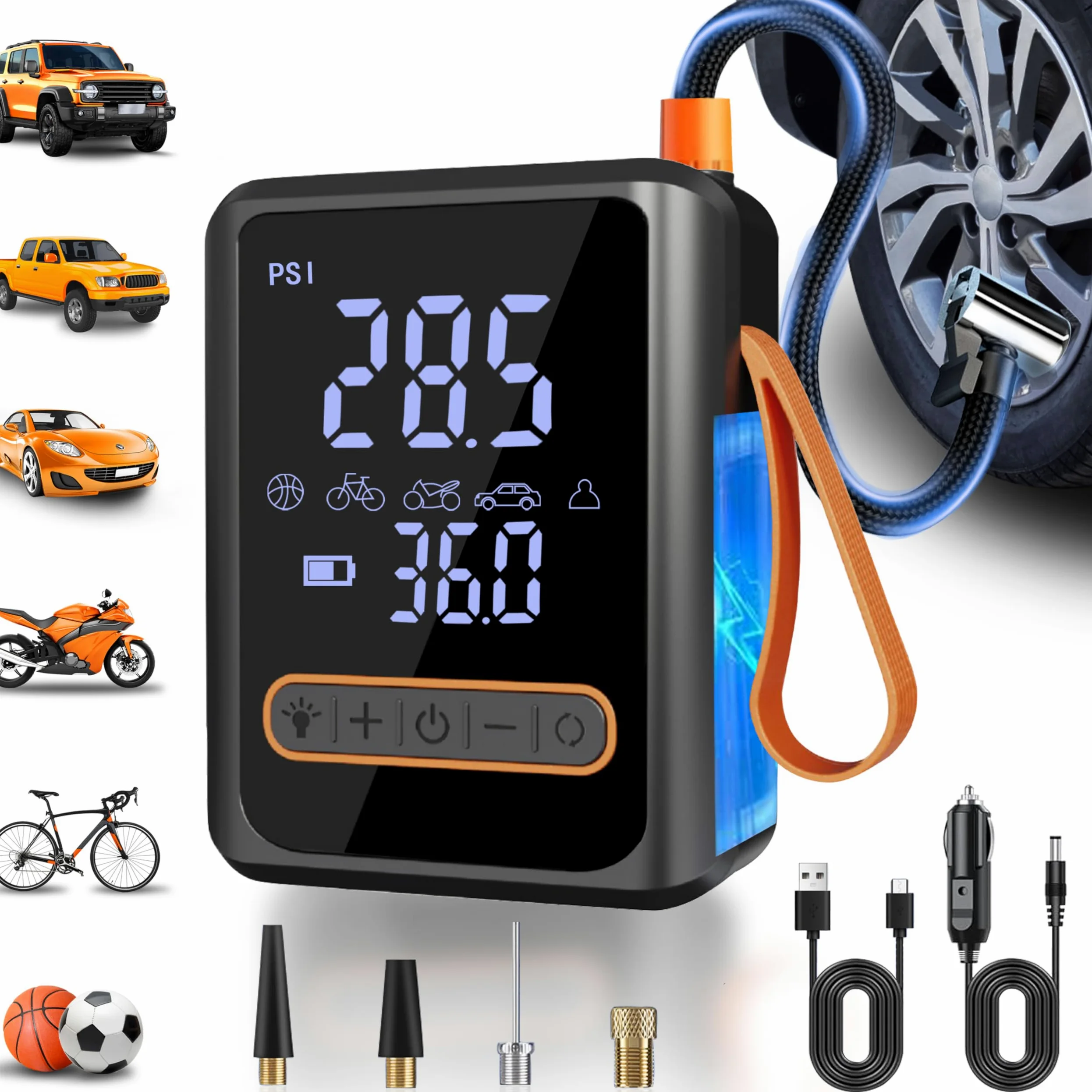 Compresor de aire portátil inflador de neumáticos, bomba de aire digital inalámbrica de 150 PSI con luz LED y medidor de presión para neumáticos de coche, motocicleta, bicicleta