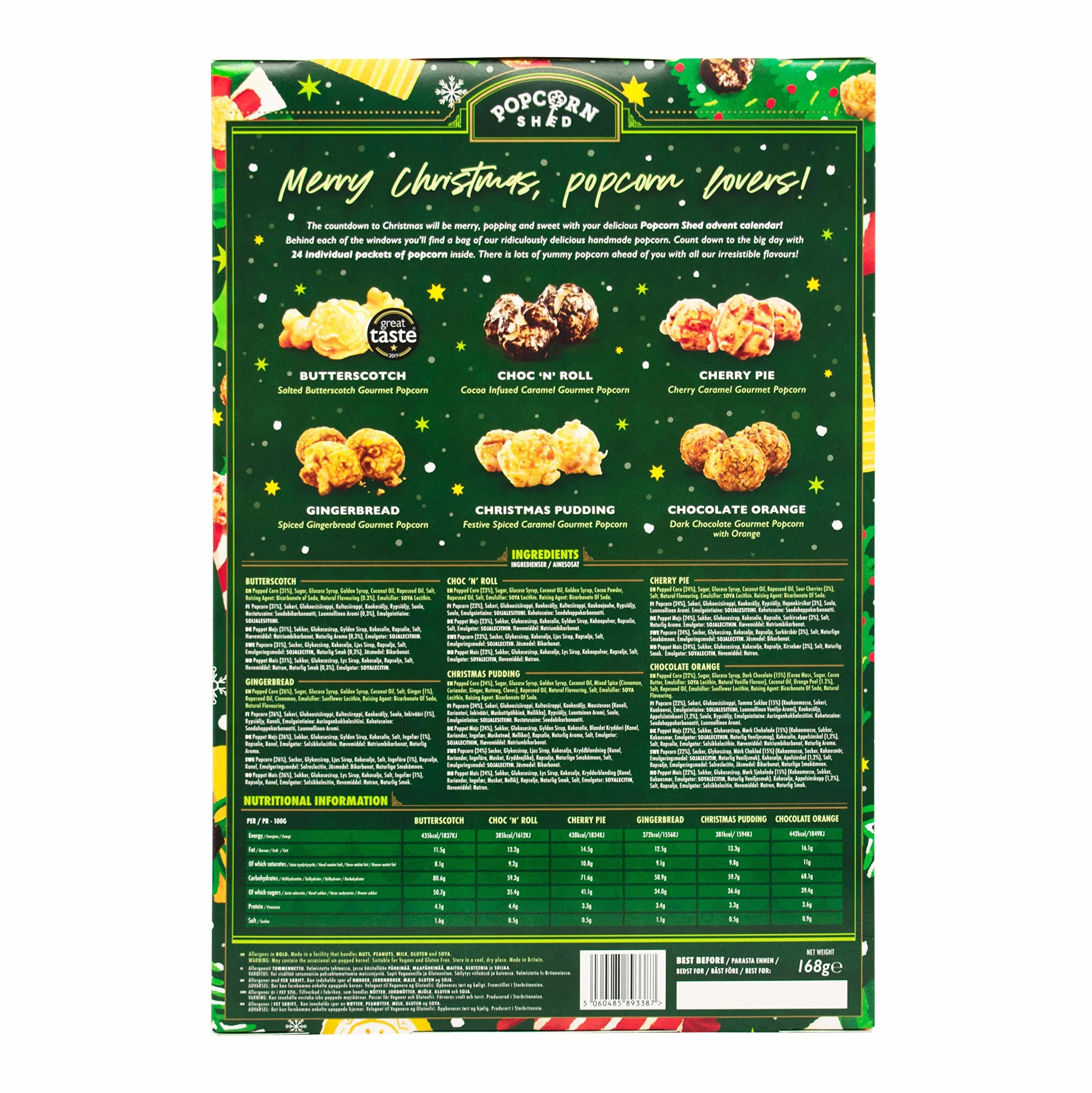 Popcorn Shed Calendario de Adviento Navidad 2025 24 días palomitas 6 sabores gourmet vegano sin gluten