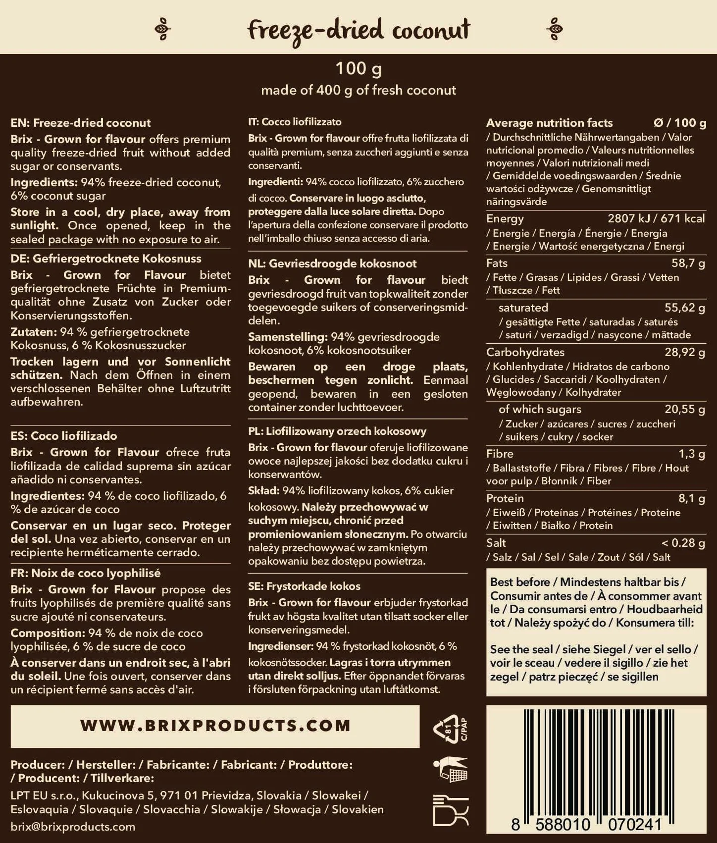 BRIX Coco Rallado Liofilizado 100g Natural Sin OMG Gluten Vegano