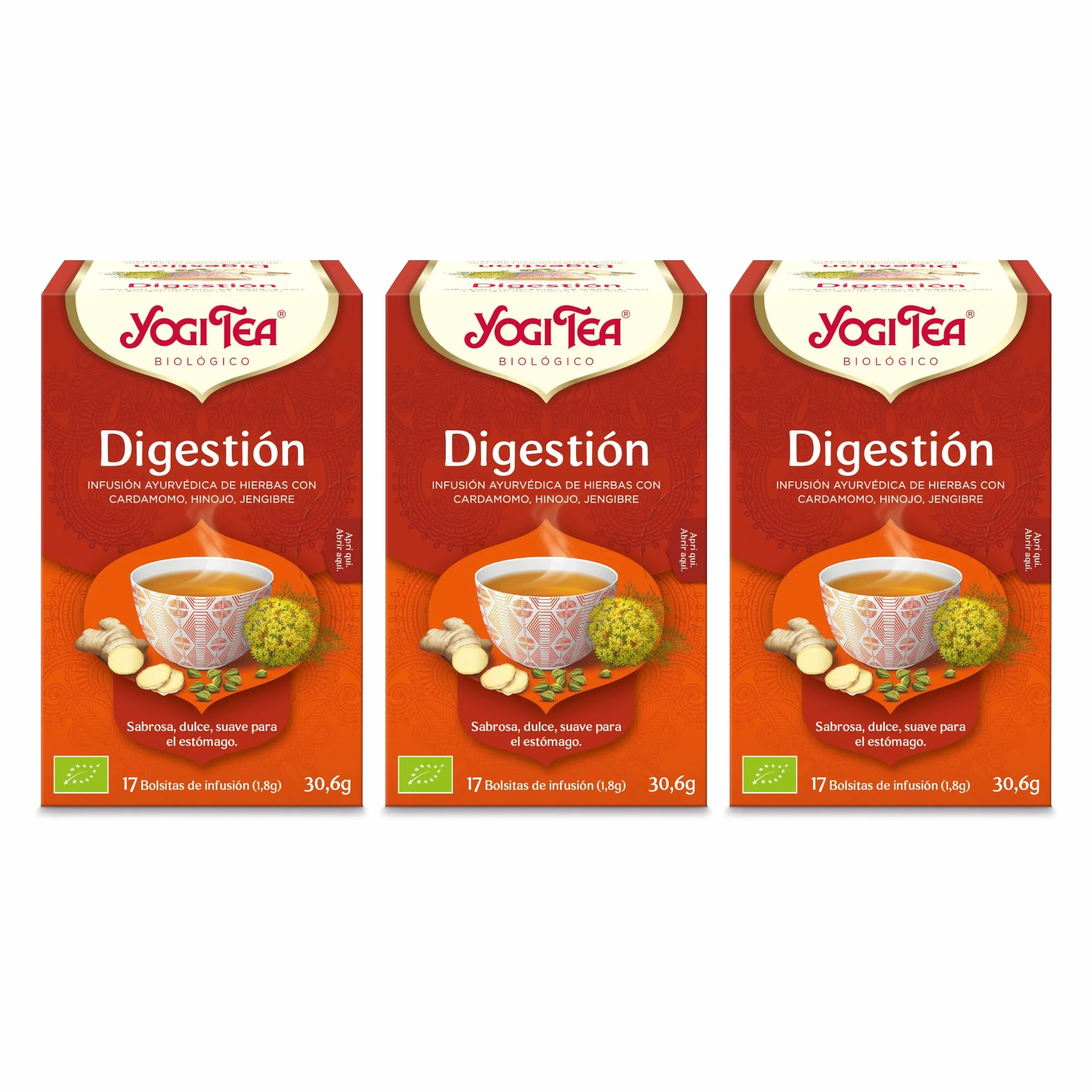 Yogi Tea Digestión Infusión Ayurvédica Cardamomo Hinojo Jengibre Sin Cafeína Pack 3x17 bolsitas