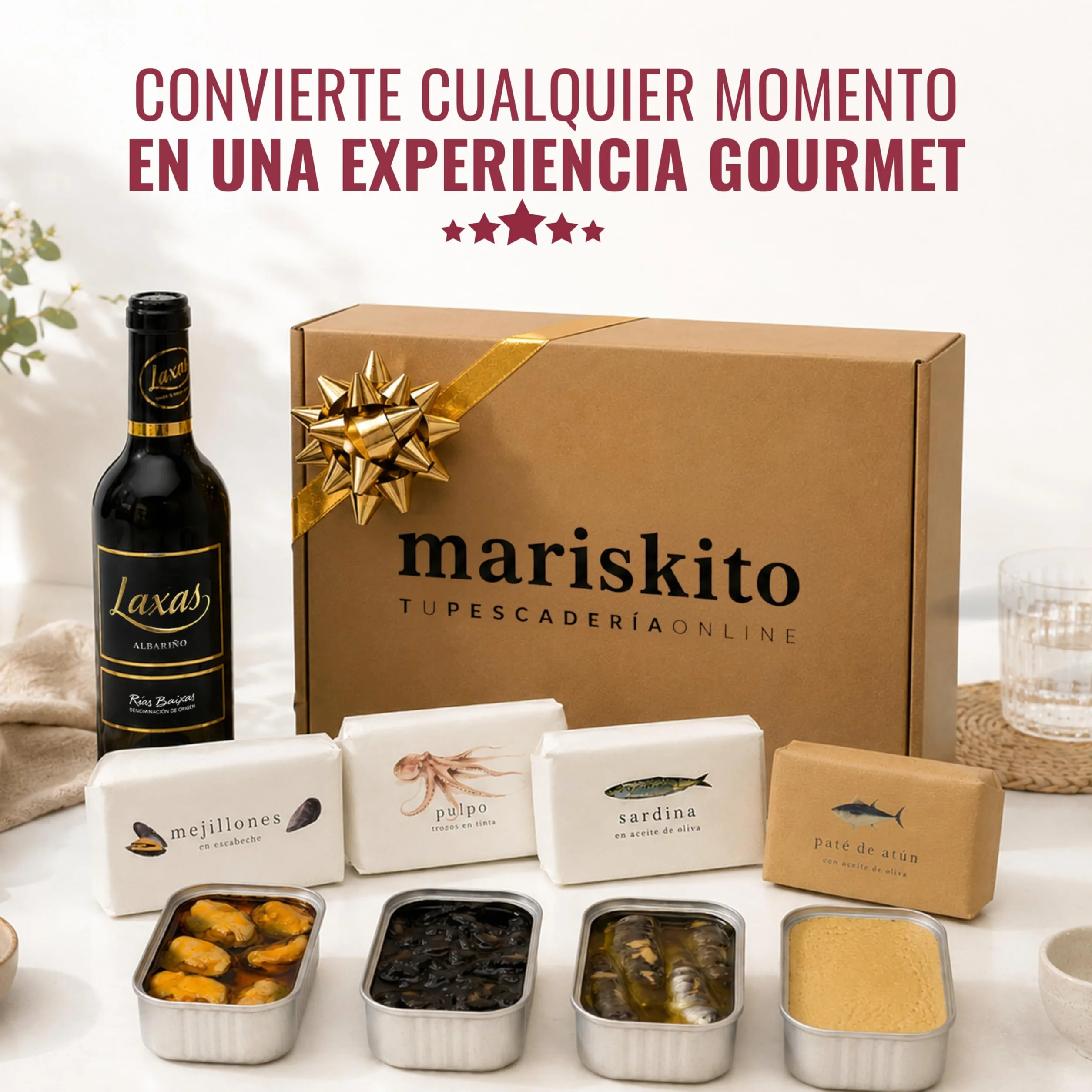 Caja Regalo Gourmet con Albariño Laxas y Conservas Gallegas – Mejillones, Sardinas, Pulpo en Tinta, Paté de Atún – Pack Aperitivo Navidad