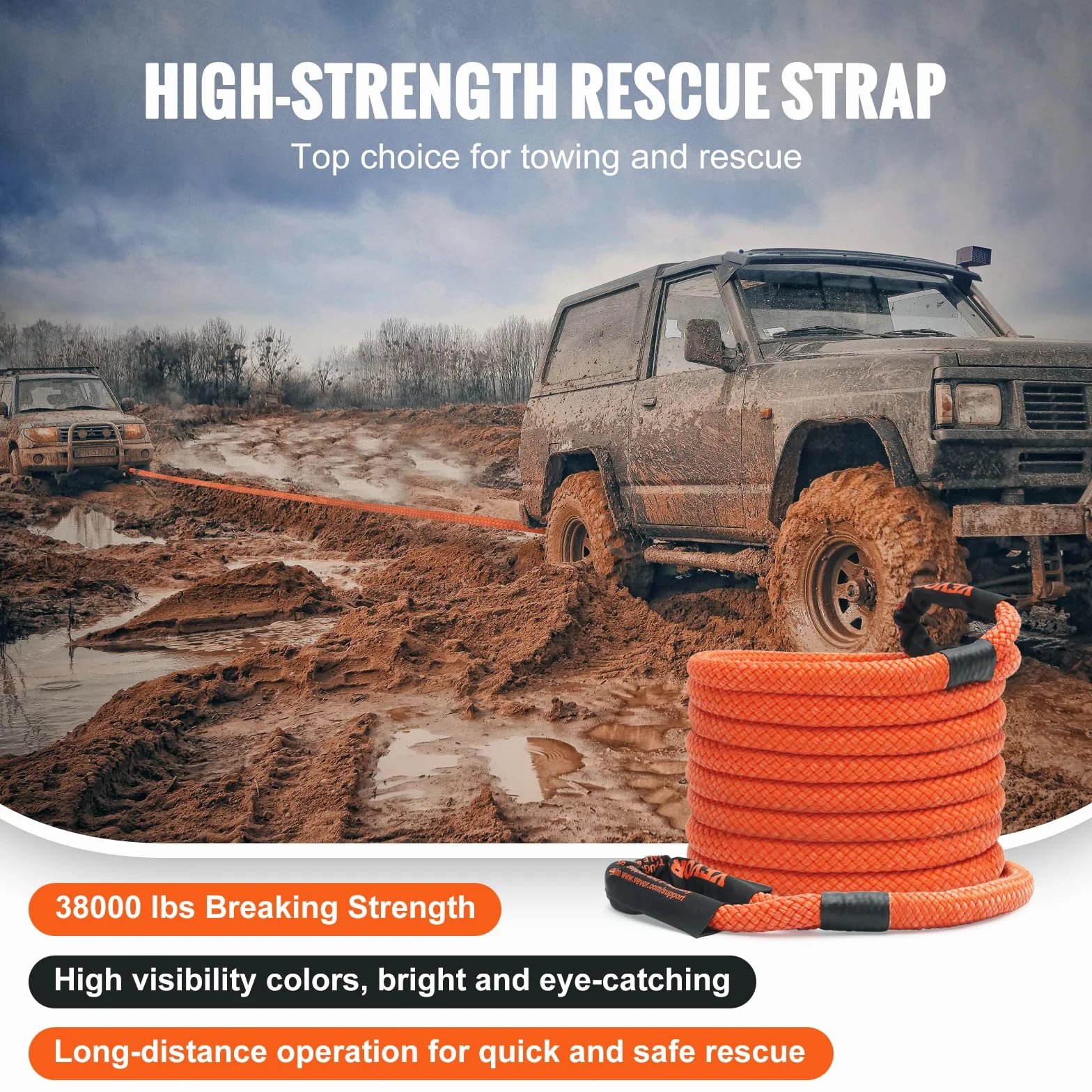 VEVOR Correa de Remolque de Nilón de Recuperación Cinética de 25,4 mm x 9,1 m, Carga de 17237 kg, Correa de Arranque Resistente de Energía de Elasticidad Extrema para Jeep, Camión, SUV, Tractor
