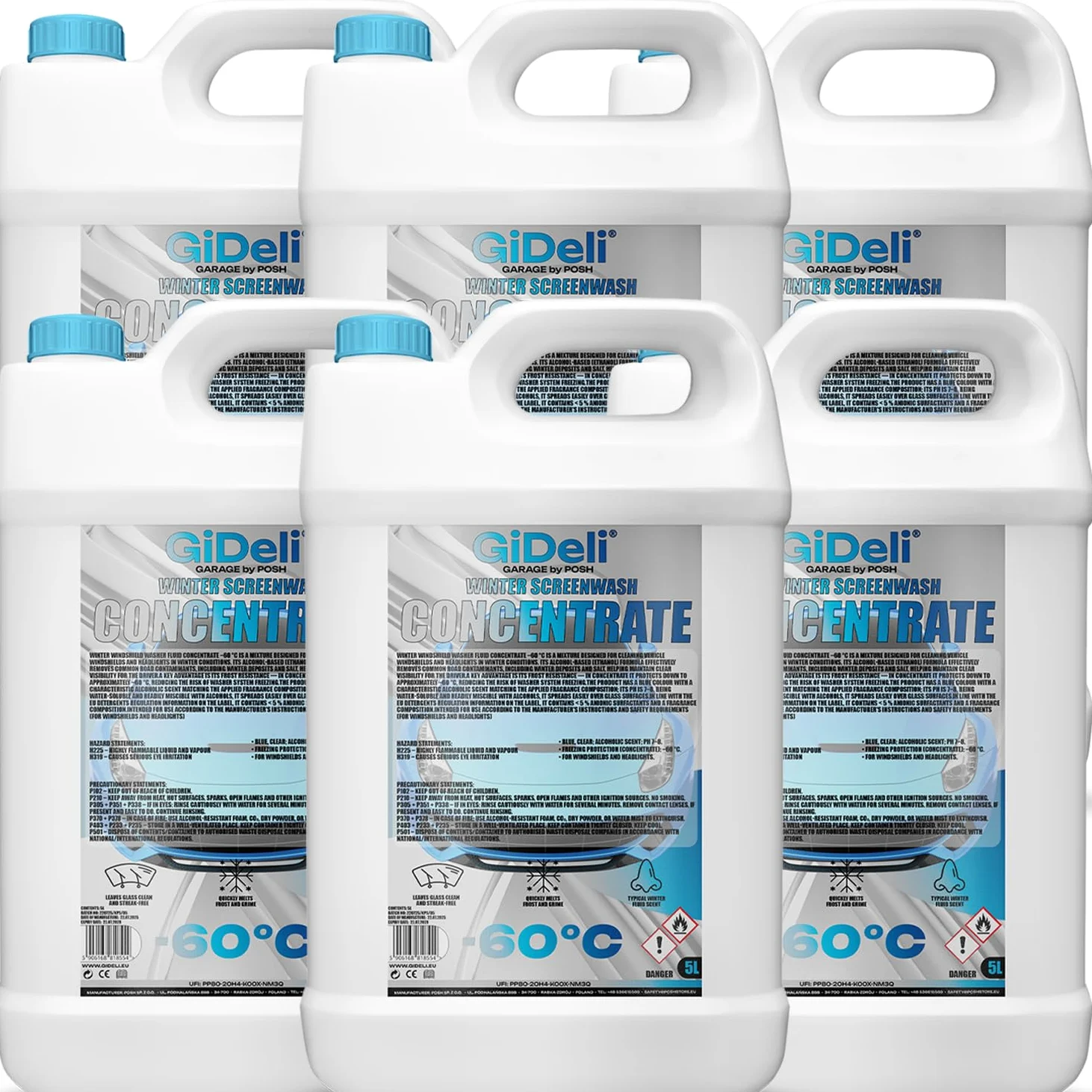 GiDeli Anticongelante concentrado para parabrisas, 6 x 5 l, anticongelante de -60 °C, agua para limpieza contra heladas, limpiador de parabrisas de invierno