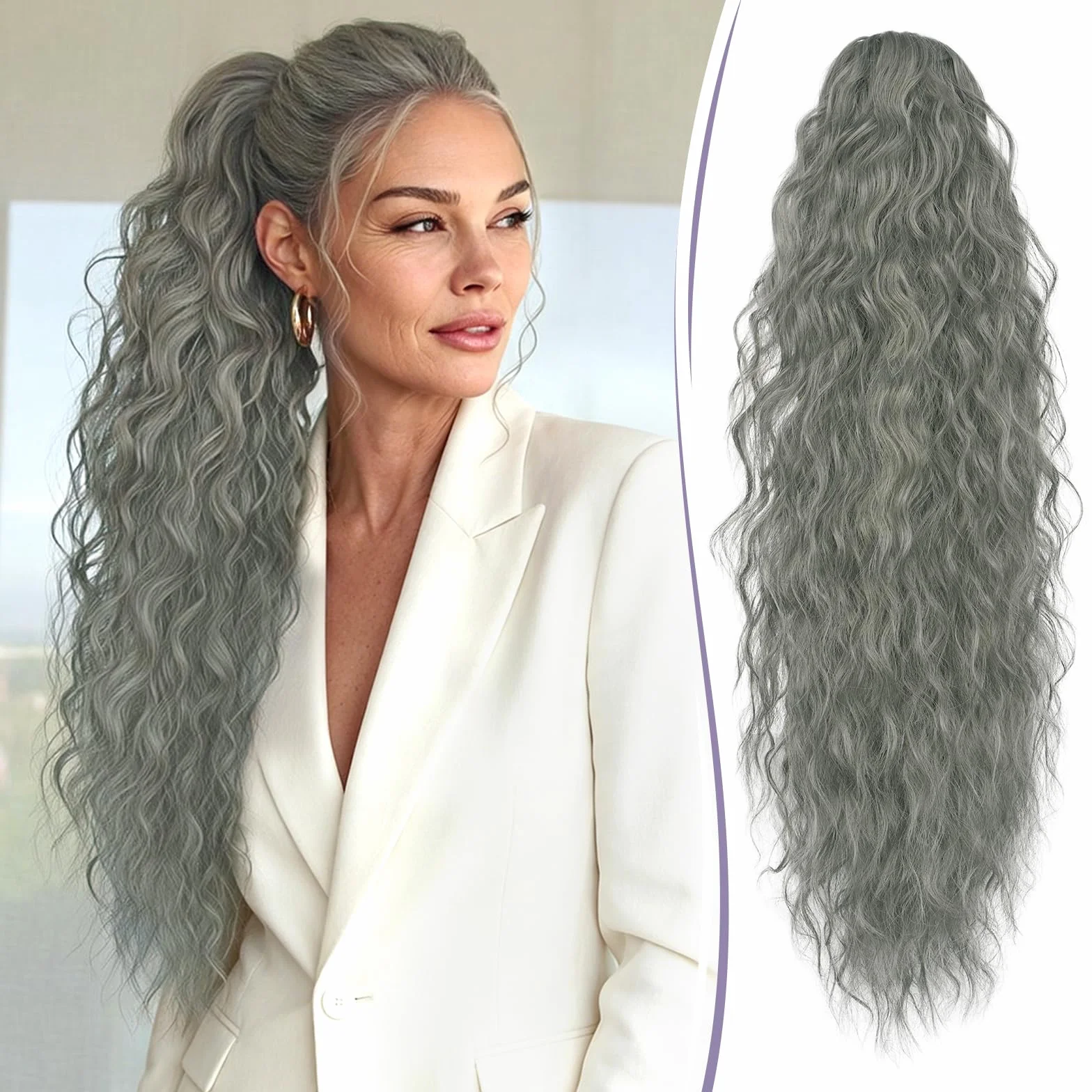 Coleta Postiza Pelo Natural 76 cm Gris con Pinza Rizada Ondulado para Mujeres