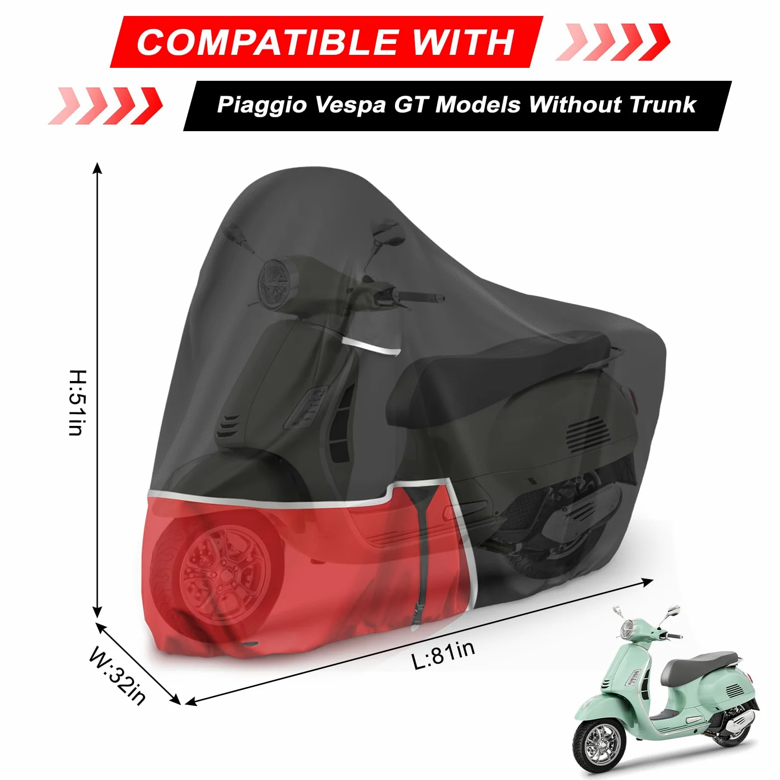 Funda para Moto para Piaggio Vespa GTV GTS GT60/125/200/250/300 (sin Maletero), Tela Oxford 420D Funda Moto Exterior Impermeable Funda Vespa 200 Vespa 125, Negro y Rojo