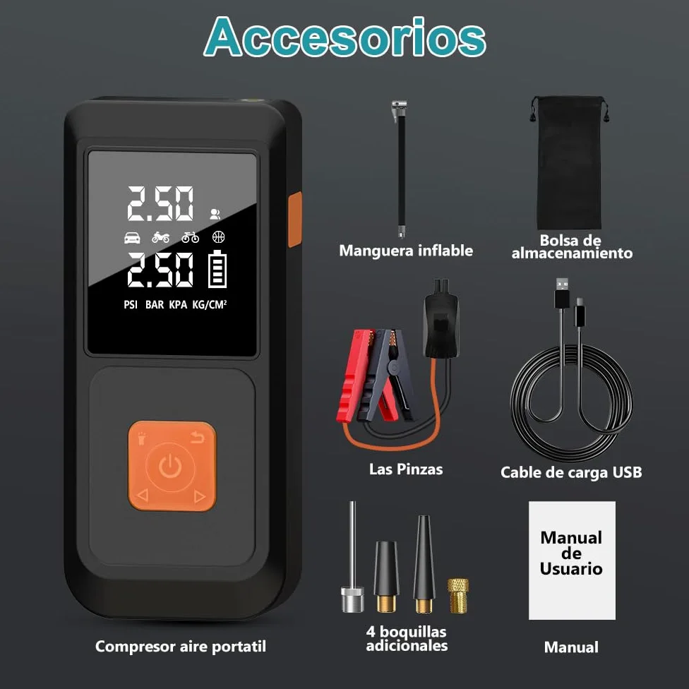 Arrancador de Batería 12V para Coche (Gasolina/Diésel) con Compresor de Aire Portátil y Power Bank 3 en 1, Inflador Eléctrico 10000mAh con Pantalla LCD y Arranque de Emergencia, Carga Rápida