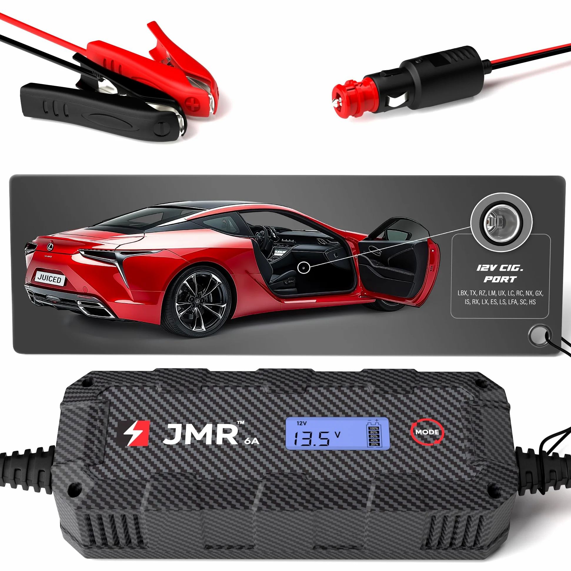 JMR Cargador de Bateria para Lexus LBX TX RZ LM UX LC RC NX GX IS RX LX ES LS LFA SC HS Todos los Modelos Mantenedor de Carga Acondicionador (Sin Modo Litio) | Cargador de goteo acondicionador mantenedor para LBX TX RZ LM UX LC RC NX GX IS RX LX ES LS LFA