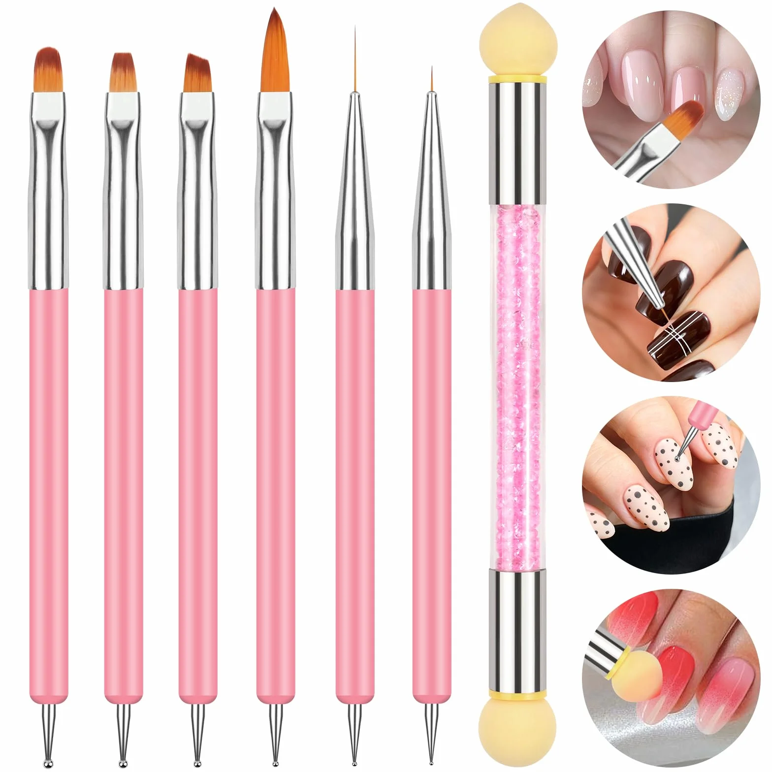 Pinceles para Uñas Double Head 6 Piezas con Cepillo Esponja, Herramienta de Manicura para Pintura y Dibujo Fino, Negro