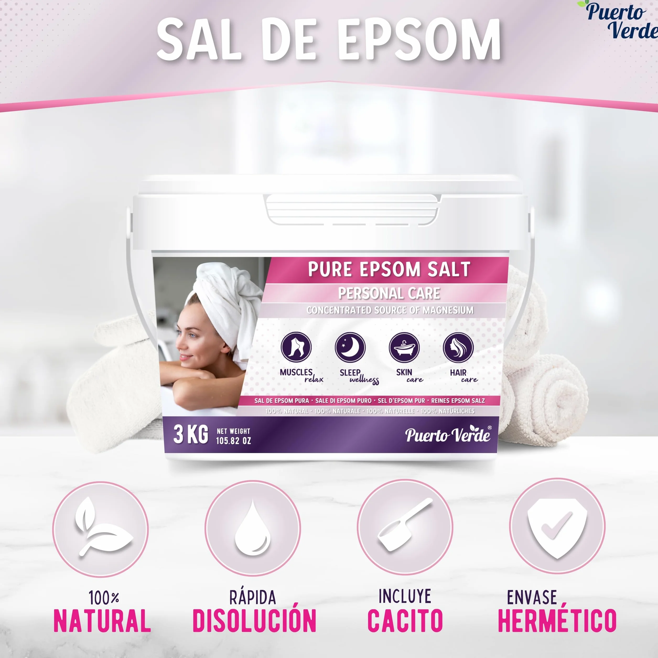 Sal de Epsom Pura 3 Kg Fuente Concentrada de Magnesio Rápida Disolución para Relajación Muscular