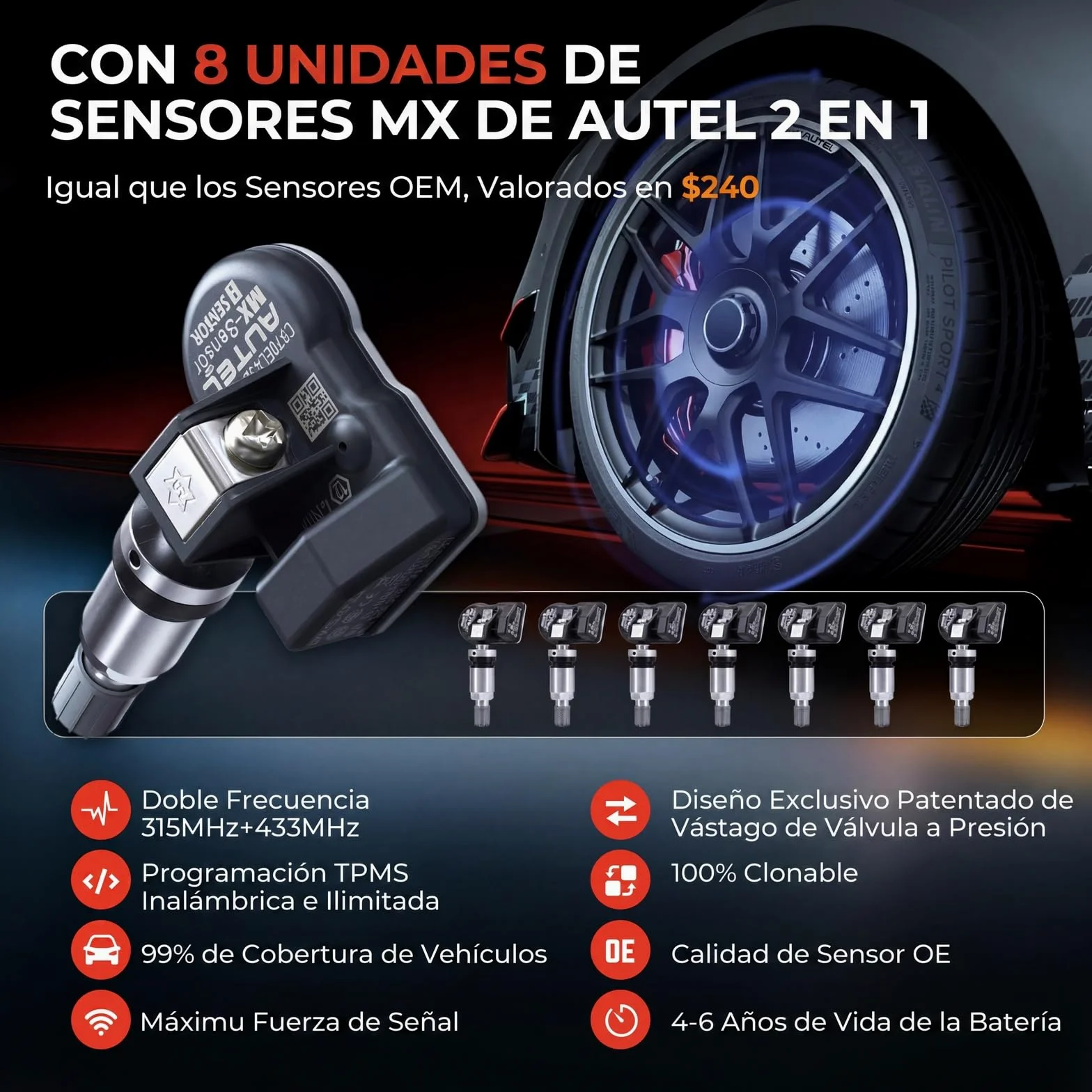 Autel MaxiTPMS TS508WF Herramienta de Programación TPMS, con 8PCS MX-Sensor(240€) WiFi Ver. TS508 TS501 Pro TS408S TS401 Herramienta de Reaprendizaje TPMS, Reiniciar/Reaprender/Activar Todos Sensores