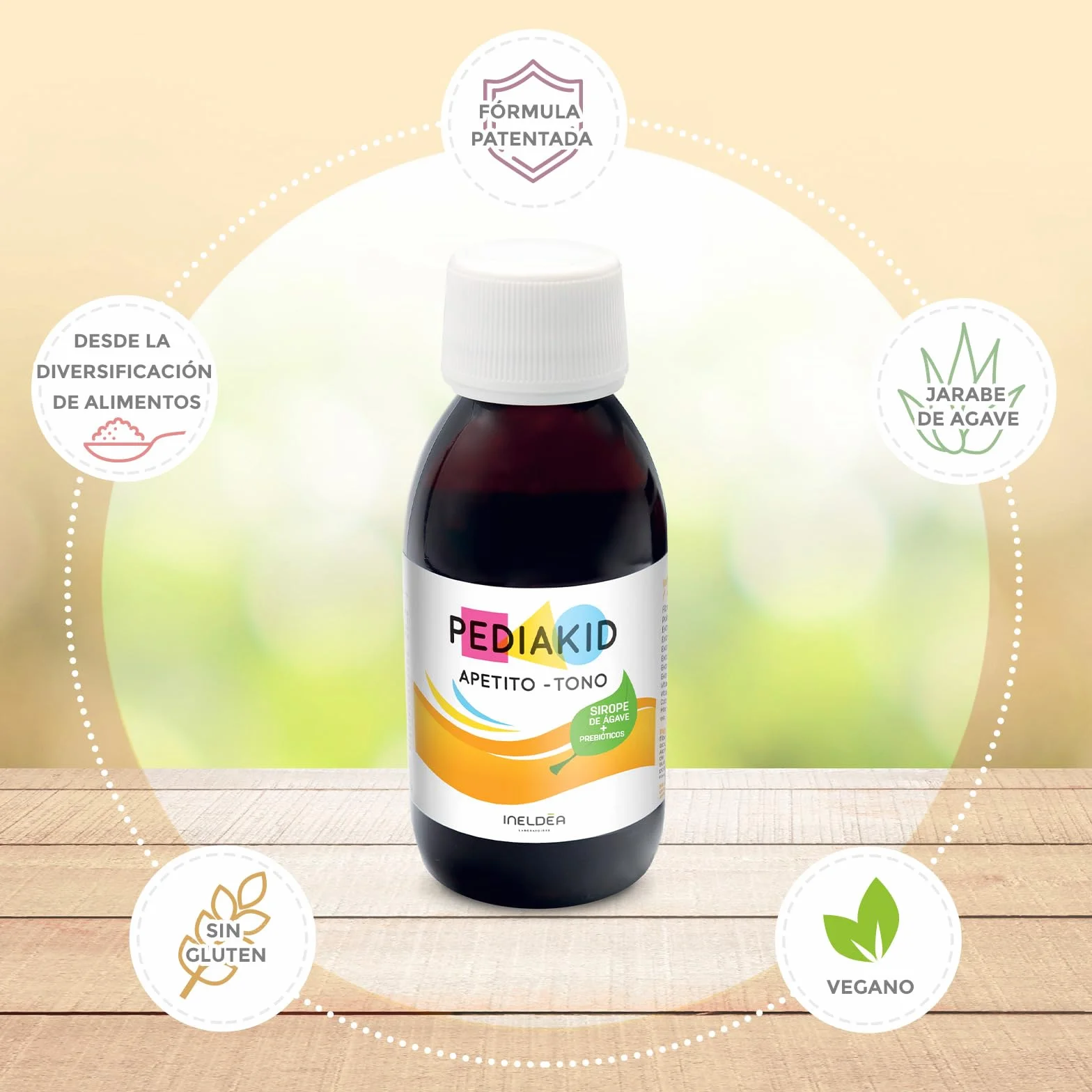 PEDIAKID Apetito-Tono Complemento alimenticio Sirope de Agave Estimula el apetito Aumentar peso Aroma Natural Frambuesa 125 ml