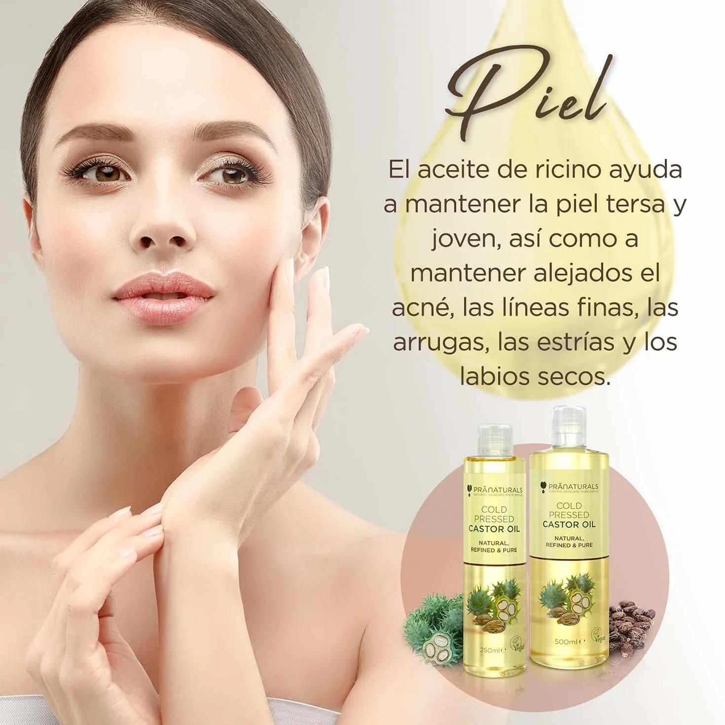 Aceite de ricino prensado en frío 500ml 100% vegano natural para crecimiento pelo pestañas piel suave omega 6 y 9