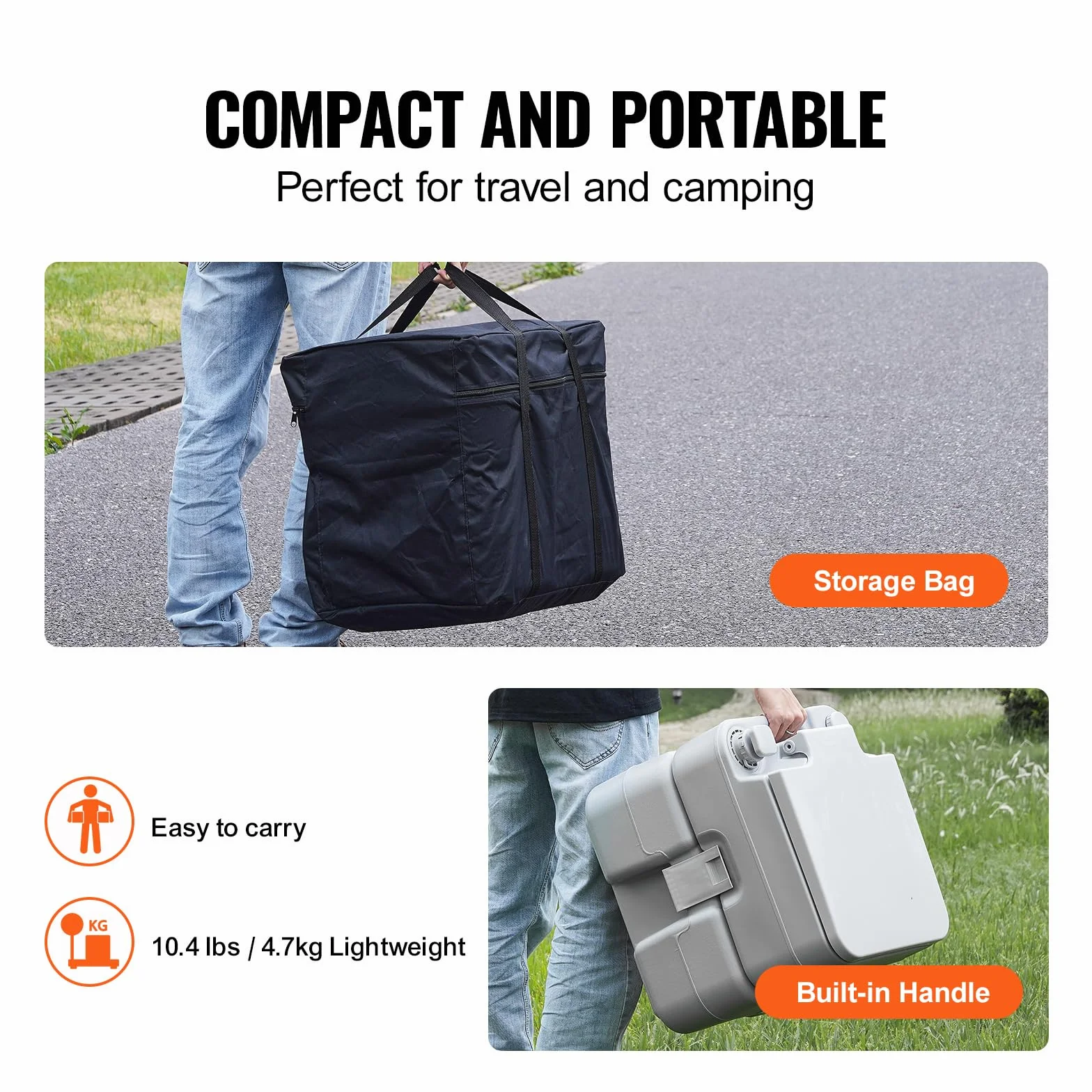 VEVOR Inodoro Portátil para Acampar con Bolsa de Transporte, Tanque de Desechos de 20 L y Tanque de Descarga de 12 L, Presurizado con Botón, a Prueba de Fugas, para Autocaravana, 430 x 340 x 420 mm
