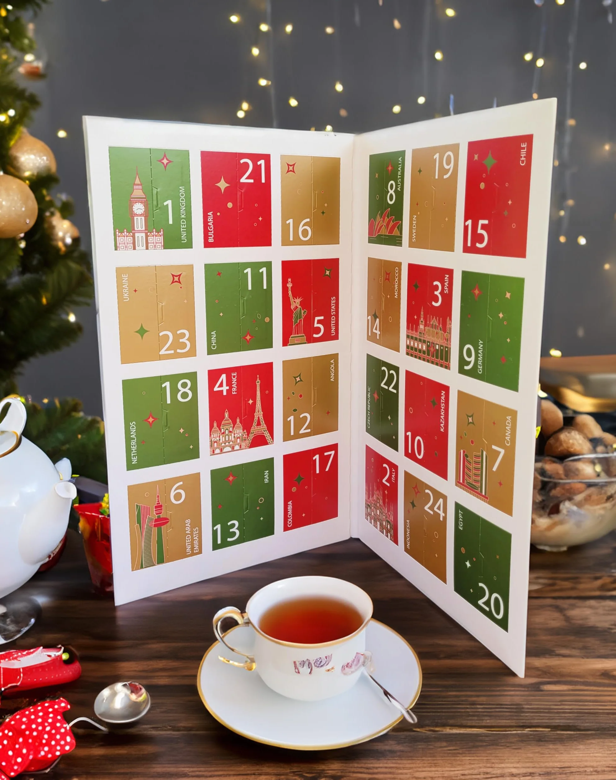 Ahmad Tea Té Calendario de Adviento 2025 - Calendario de Escritorio Plegable - 24 Bolsitas de Té Diferentes - 46,8g