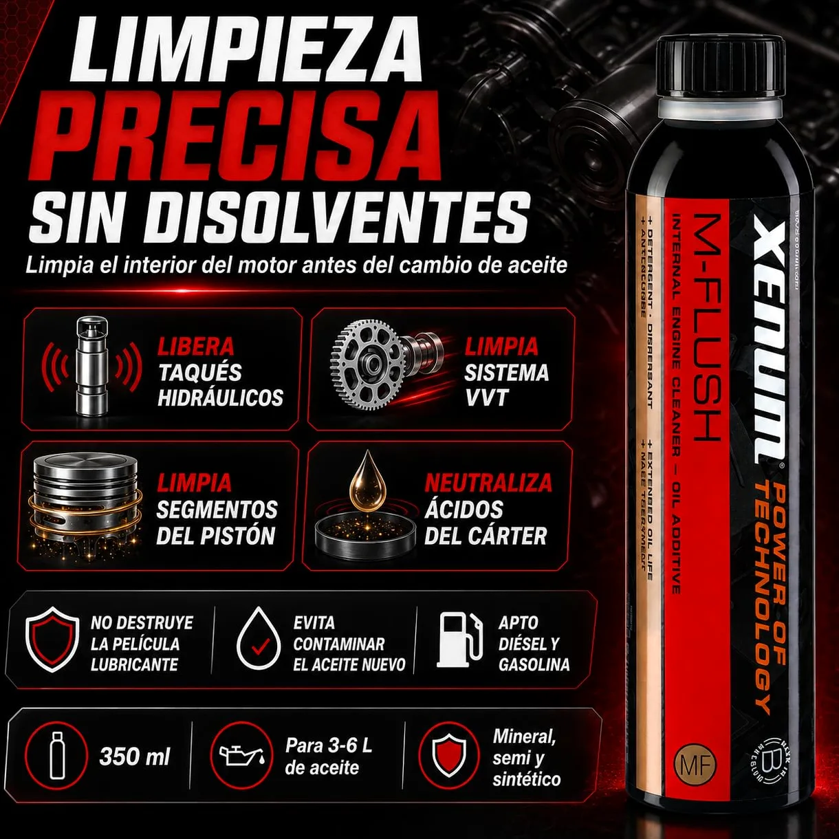 Xenum M-Flush Limpiador Interno de Motor 350 ml | Limpieza del Sistema de Lubricación Antes del Cambio de Aceite | Sin Disolventes | Diésel y Gasolina | Aceites Minerales, Semisintéticos y Sintéticos
