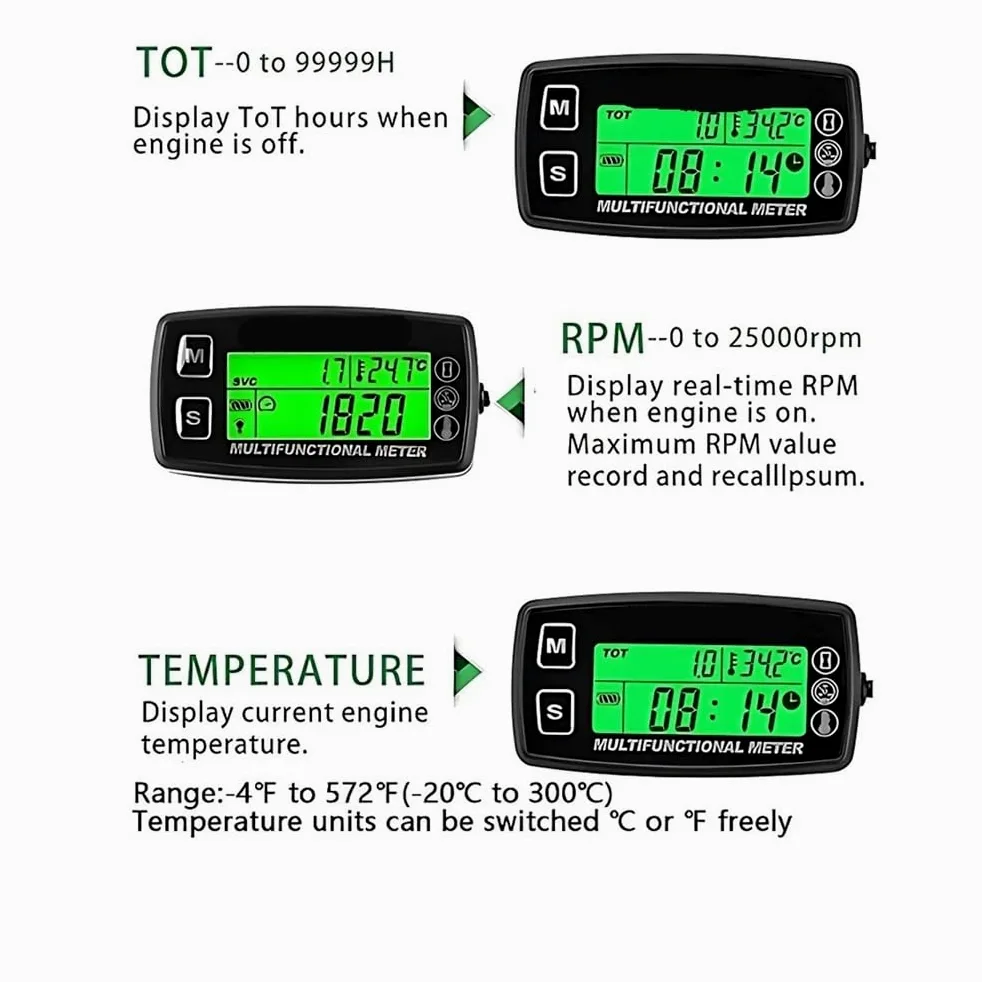 Tacómetro digital, tacómetro digital para motocicleta, medidor de tacómetro inductivo reiniciable, termómetro de horas de temperatura para barcos, motores de gasolina, vehículos todo terreno marinos