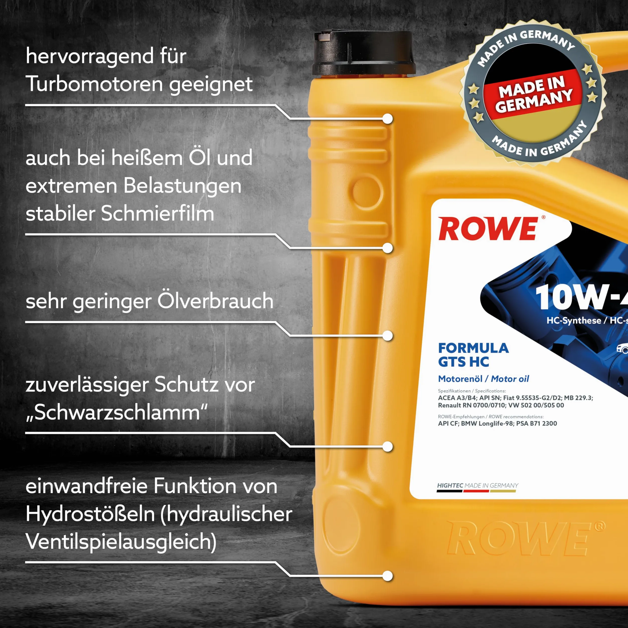 ROWE Aceite de motor 10W-40 Formula GTS HC ACEA A3/B4 API CF API SN 5L Compatible con VW Polo V Hatchback 6R1, 6C1 up! Hatchback 121, 122, BL1, BL2, BL3, 123 Golf 7 Hatchback 5G1, BQ1, BE1, BE2 | Aceite de motor suave para motores de gasolina y diésel sin