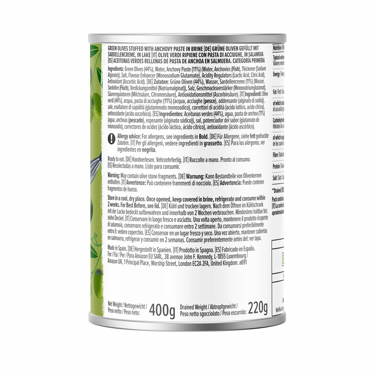 Amazon Aceitunas Verdes Rellenas Con Pasta De Anchoa, 400g