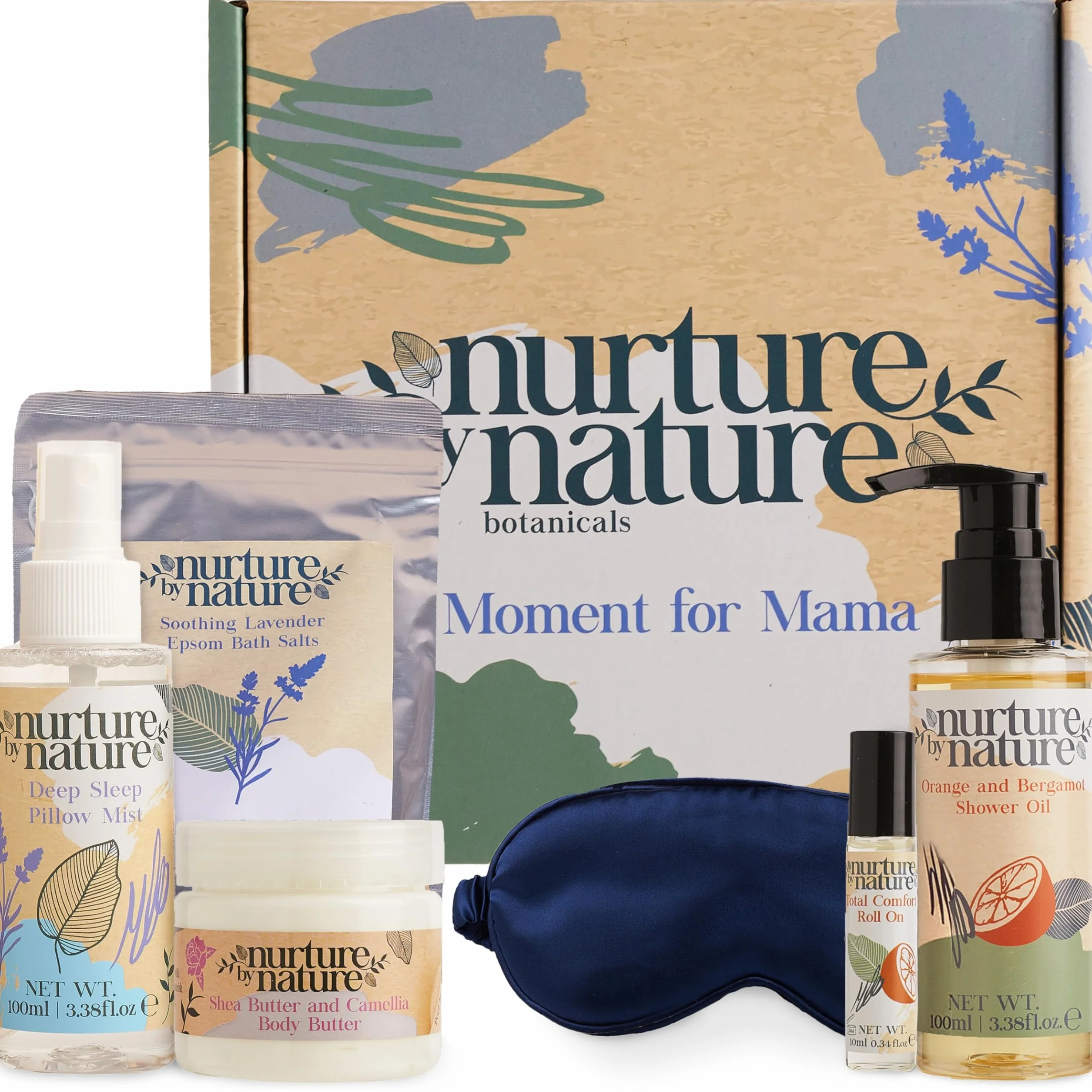 Nurture by Nature Regalos para mamá Manteca corporal Aceite de ducha Roll-on aceite esencial Sales de baño Epsom Máscara de seda para ojos Embarazo