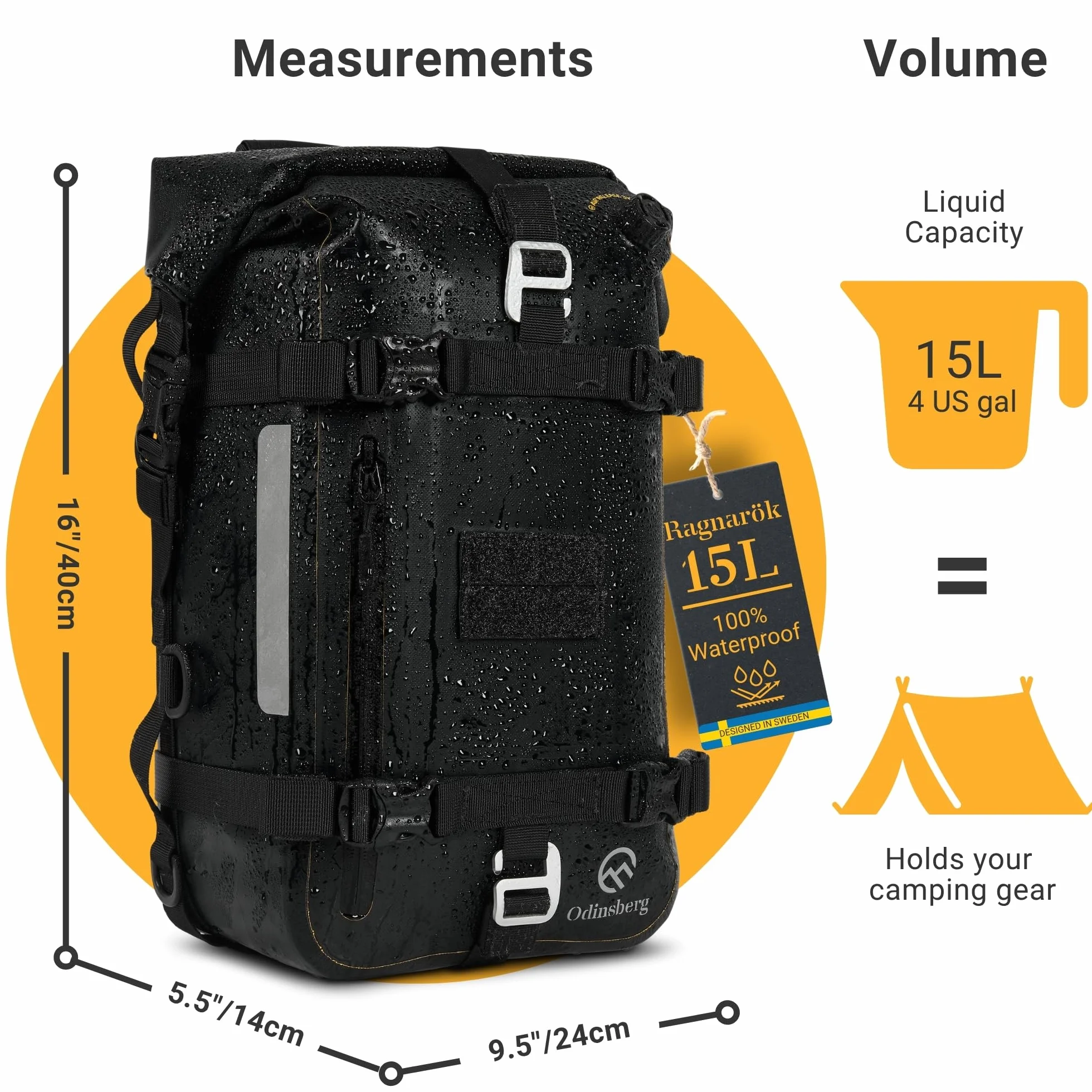 Odinsberg 15L Bolsa Moto Impermeable | Bolsa Estanca Trasera de Colín para Asiento, Barras de Choque y Defensas Laterales | Mochila y Alforja Moto Trail Enduro para Viajes, Equipaje y Aventura