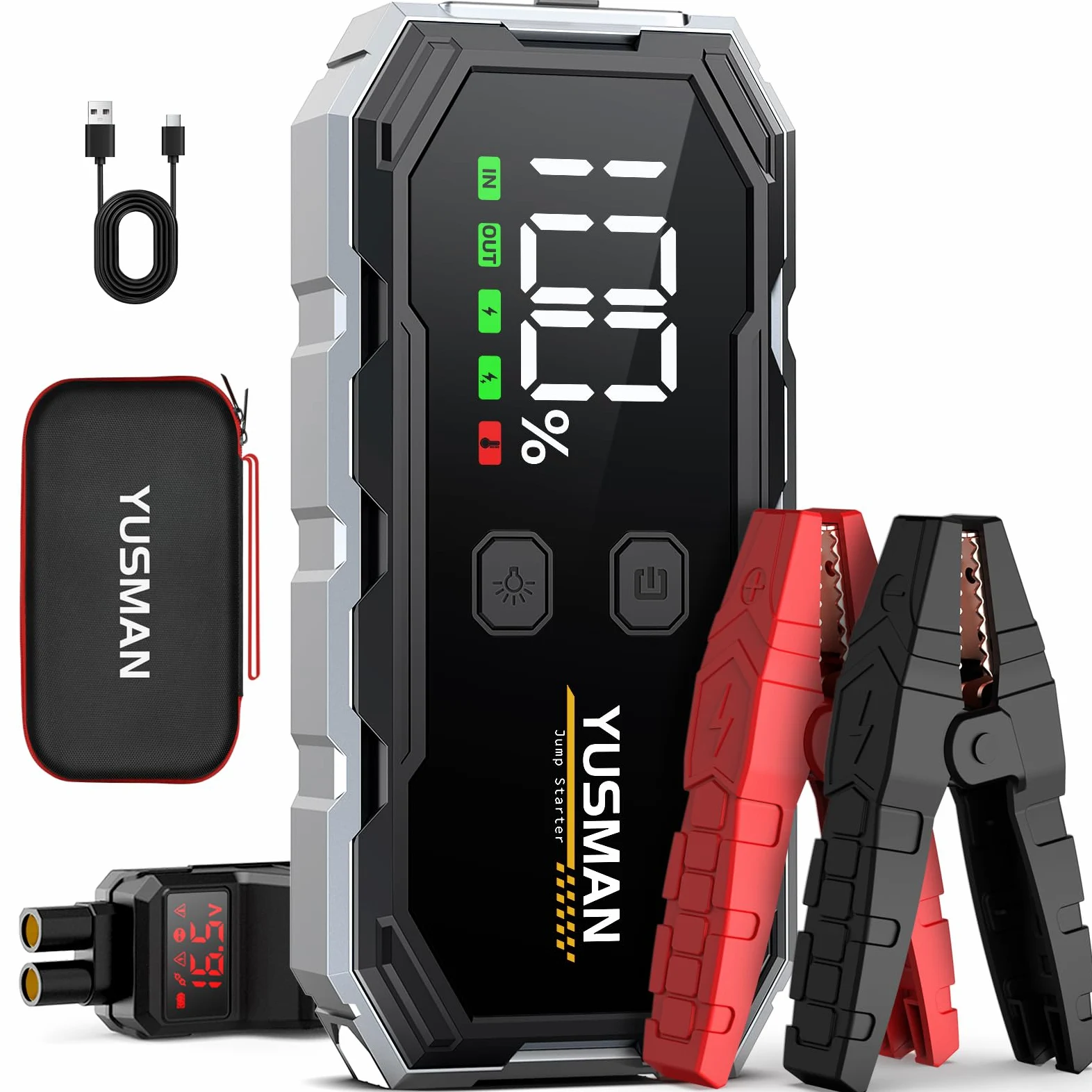 YUSMAN Arrancador de Coches,5000A Arrancador de Baterias de Coche,12V Portátil Coche con para 8L Gasolina o 6L Diesel, Linterna LED de Emergencia,Carga Rápida,Pantalla LCD Extragrande