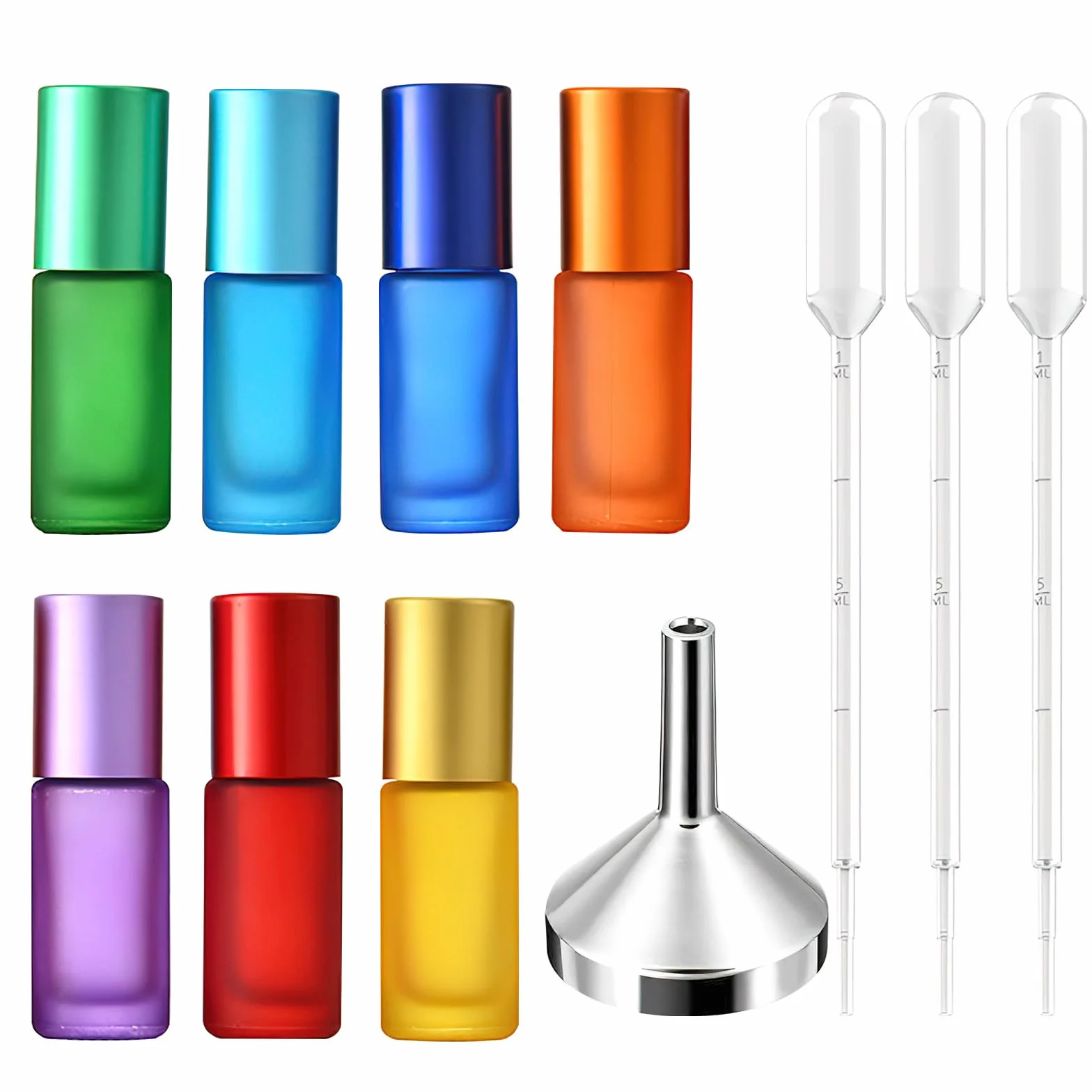 Botellas de cristal para aceite esencial 5 ml con rodillo de acero inoxidable, jeringas y embudo