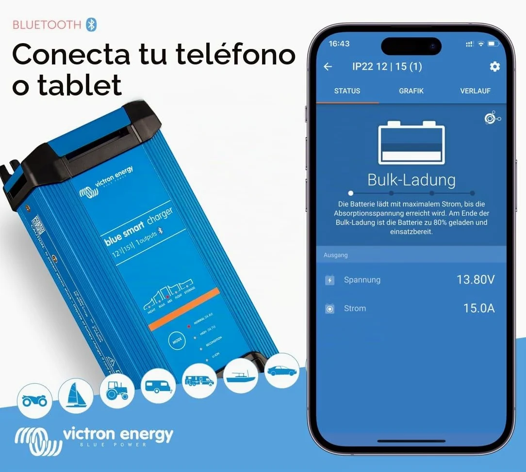 Victron Energy - Cargadore 15A 12V Victron Energy Blue Smart IP22 Bluetooth 12/15 1 Schuko - BPC121542002