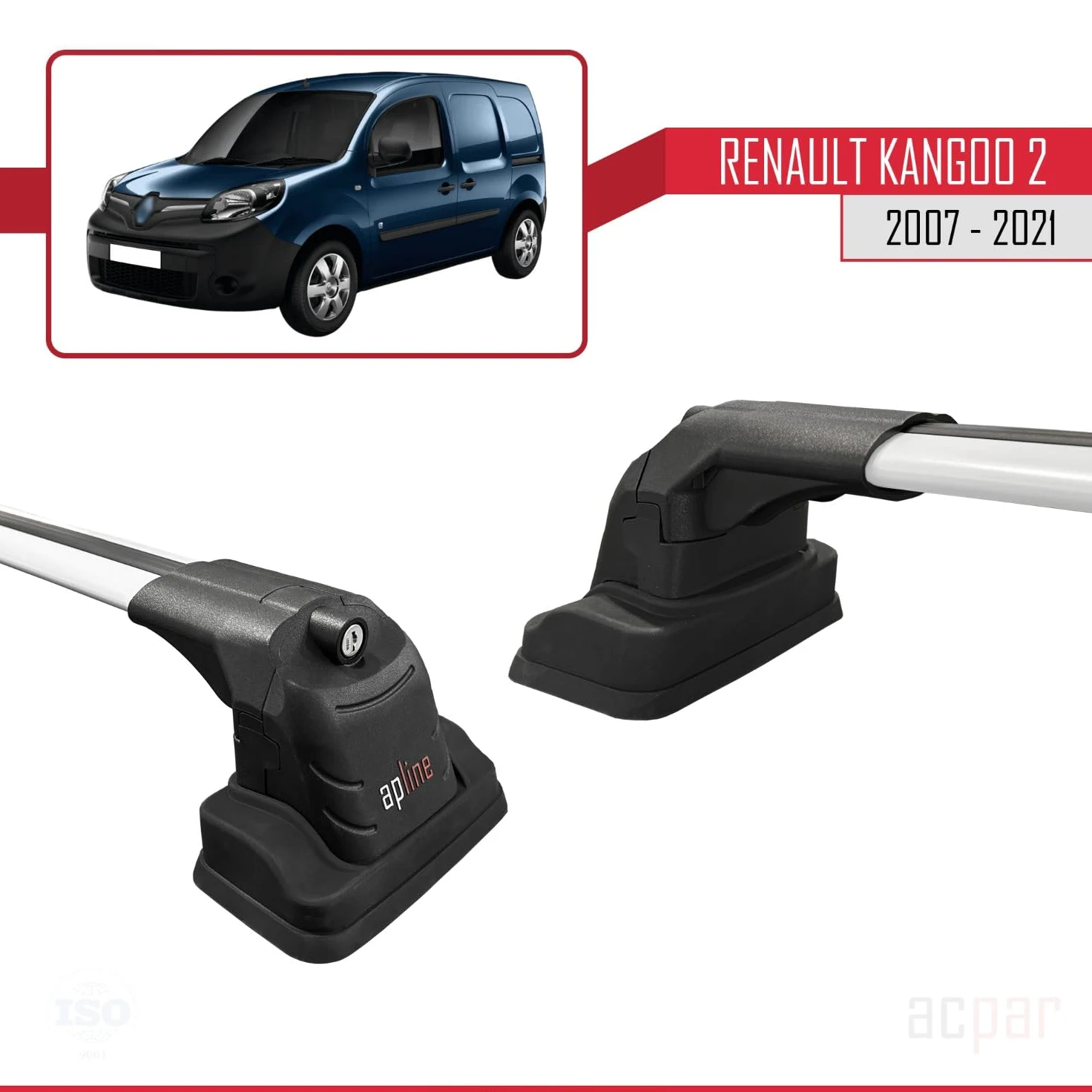 Compatible con Renault Kangoo 2 (X61) 2007-2021 Modelo Ace-3 Barra de Techo Auto Portaequipajes Barras Transversales Gris Aluminio 2 Barras