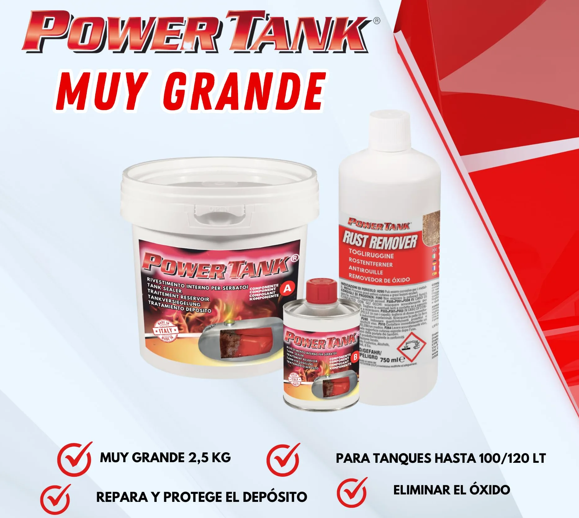 POWER TANK - Tratamiento Tanque Deposito Moto Auto (100/120 LT) Kit Very Big 2,5 kg para Interior de Tanques Gasolina y Diésel Elimina Óxido Repara Protege Tanques Oxidados de Motos Autos de Época