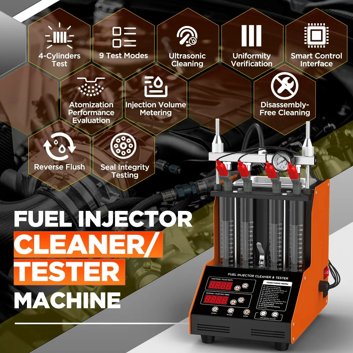 Máquina limpiadora de inyectores de combustible, 4 cilindros, 9 modos de prueba, probador y kit de limpieza, kit de limpieza ultrasónica para inyectores de motocicleta de 5 V a 12 V