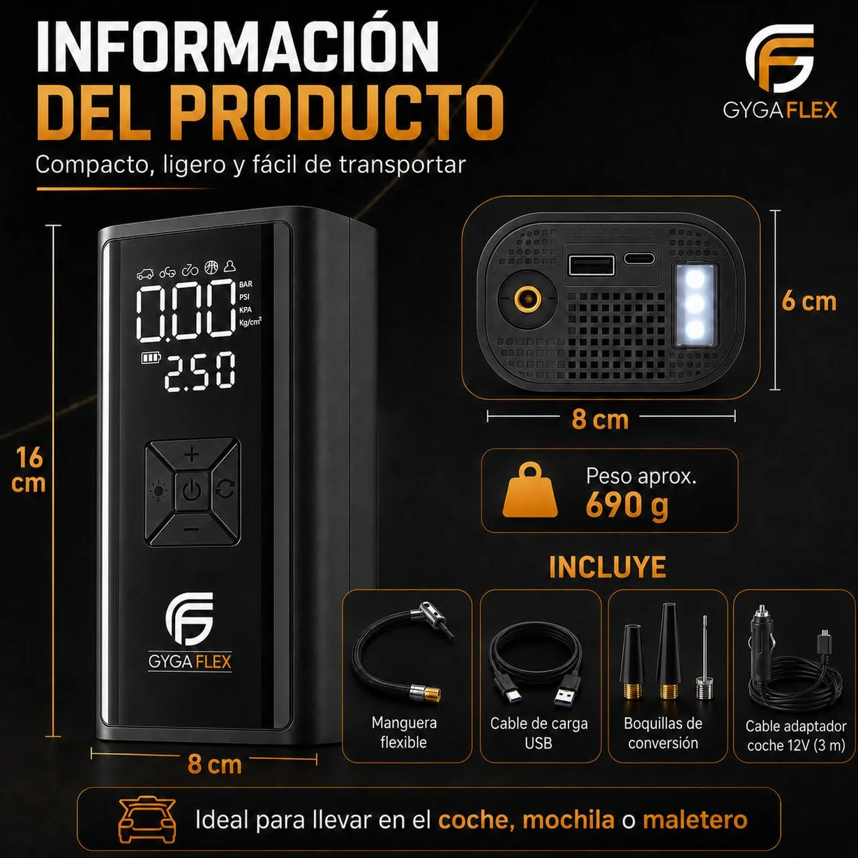 Inflador Ruedas Coche 30L/Min, Compresor Aire Portátil 150 PSI/10,3 Bar, Batería Recargable y Cable 12V 3M, Manómetro Digital, Apagado Automático, LED SOS, para Coche Moto Bicicleta Pelotas