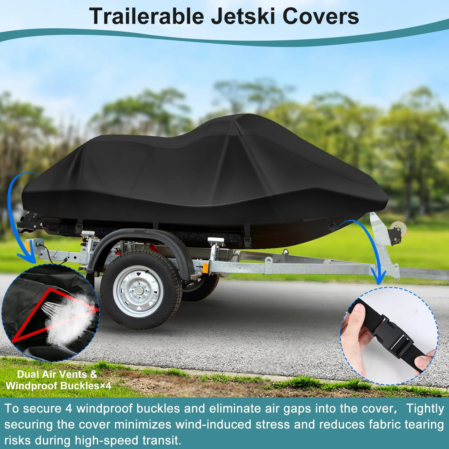 Funda para moto acuática 420D resistente al agua de 3 plazas, cubierta Waverunner mejorada con 2 rejillas de ventilación, 4 hebillas resistentes al viento, funda universal para todo tipo de clima para