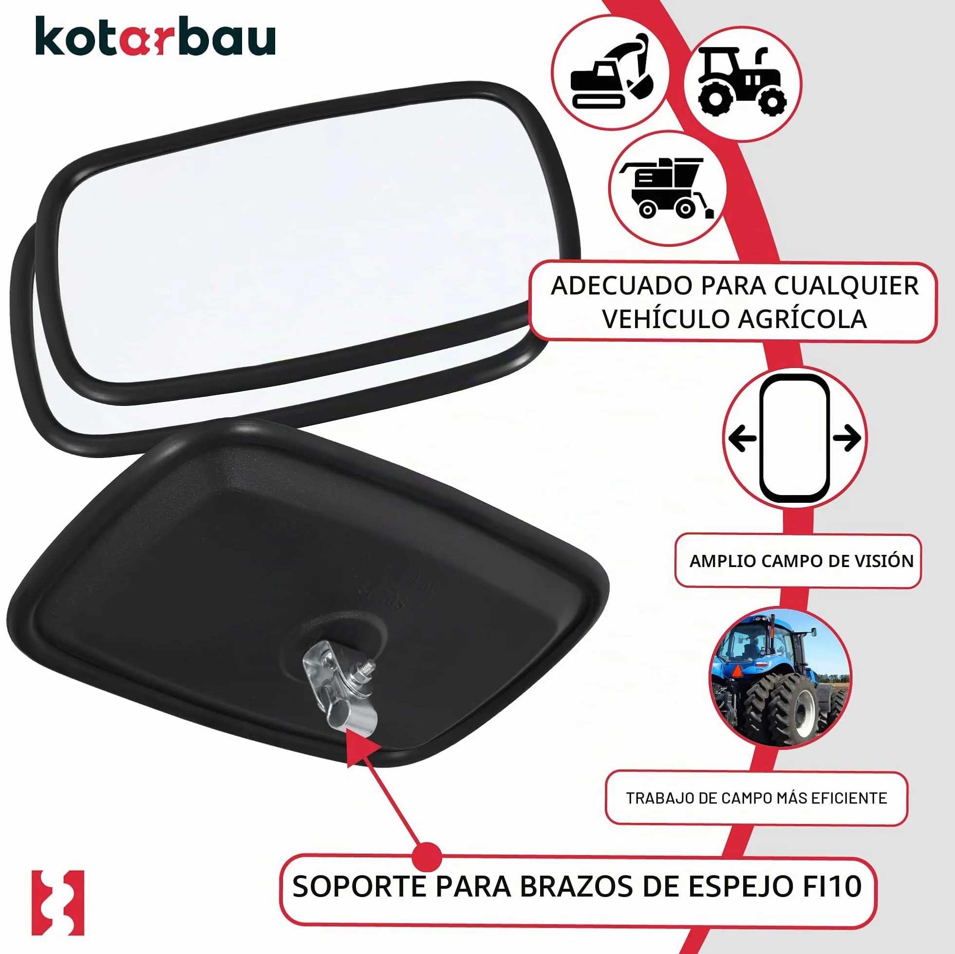 KOTARBAU Espejo universal para tractor 19x23 cm PVC 2 unidades retrovisor con soporte