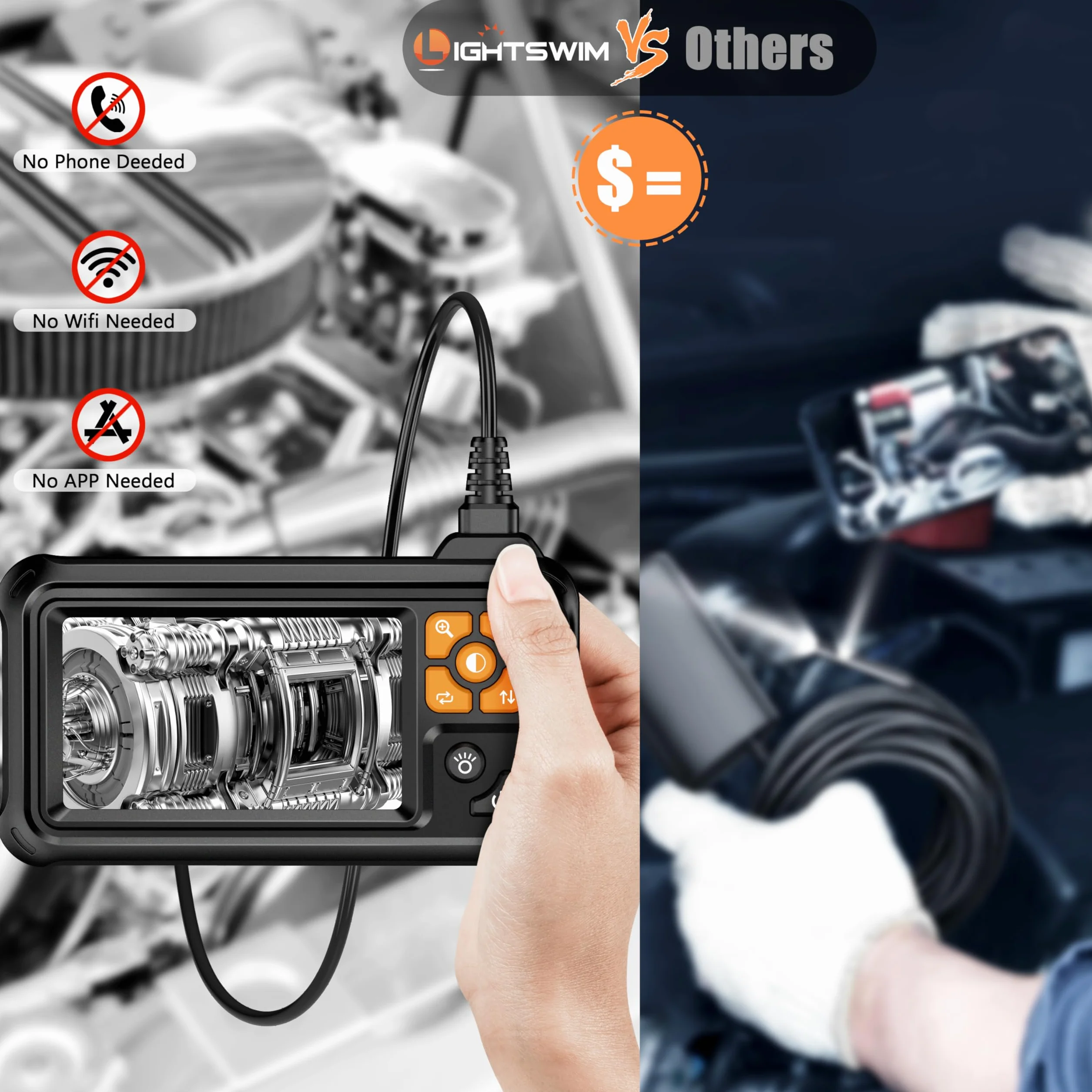 Lightswim - Boroscopio Digital Industrial HD 1080P, cámara de inspección endoscópica IPS de 4.3 Pulgadas con alcantarillado de Serpiente Impermeable IP67 de Mano con 8 Luces LED, Cable semirrígido de