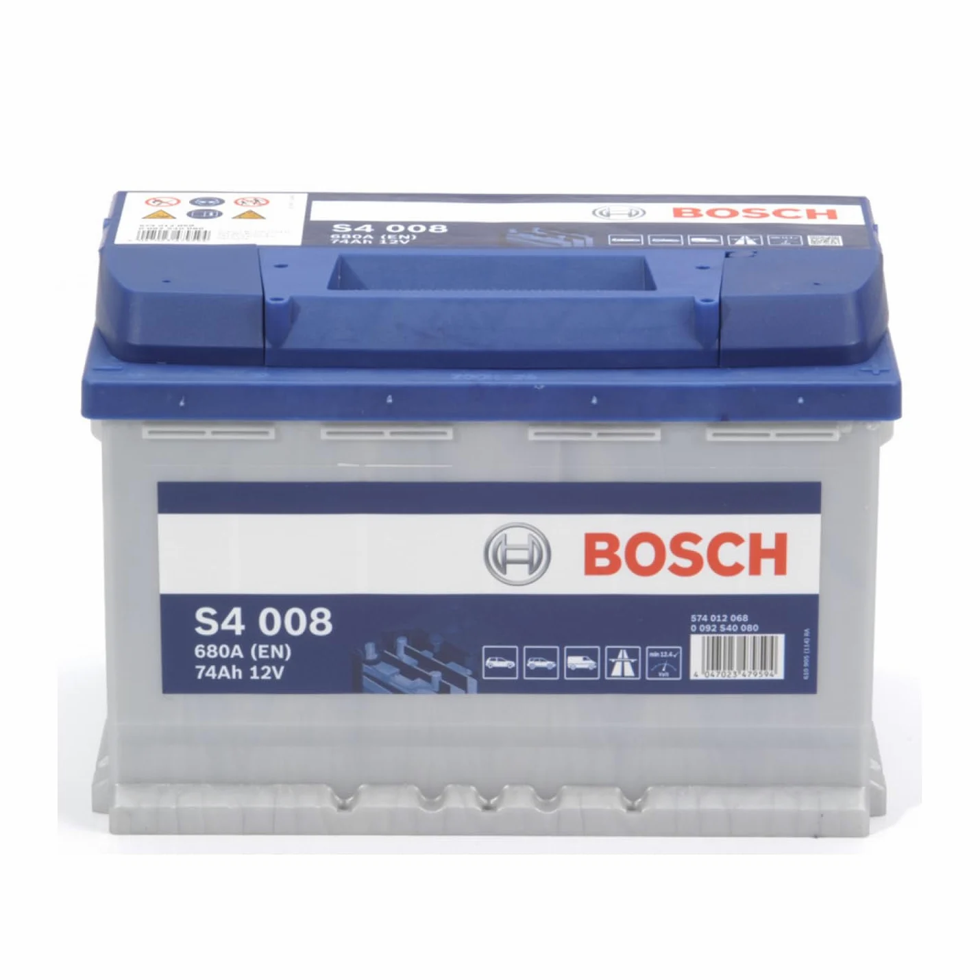 Bosch S4 008 Batería para Coche 74 A/h - 680 A - 12 V, de Plomo-Ácido para Vehículos sin Sistema Start/Stop, Polaridad Izquierda (-) Derecha (+), 278 x 175 x 190 mm