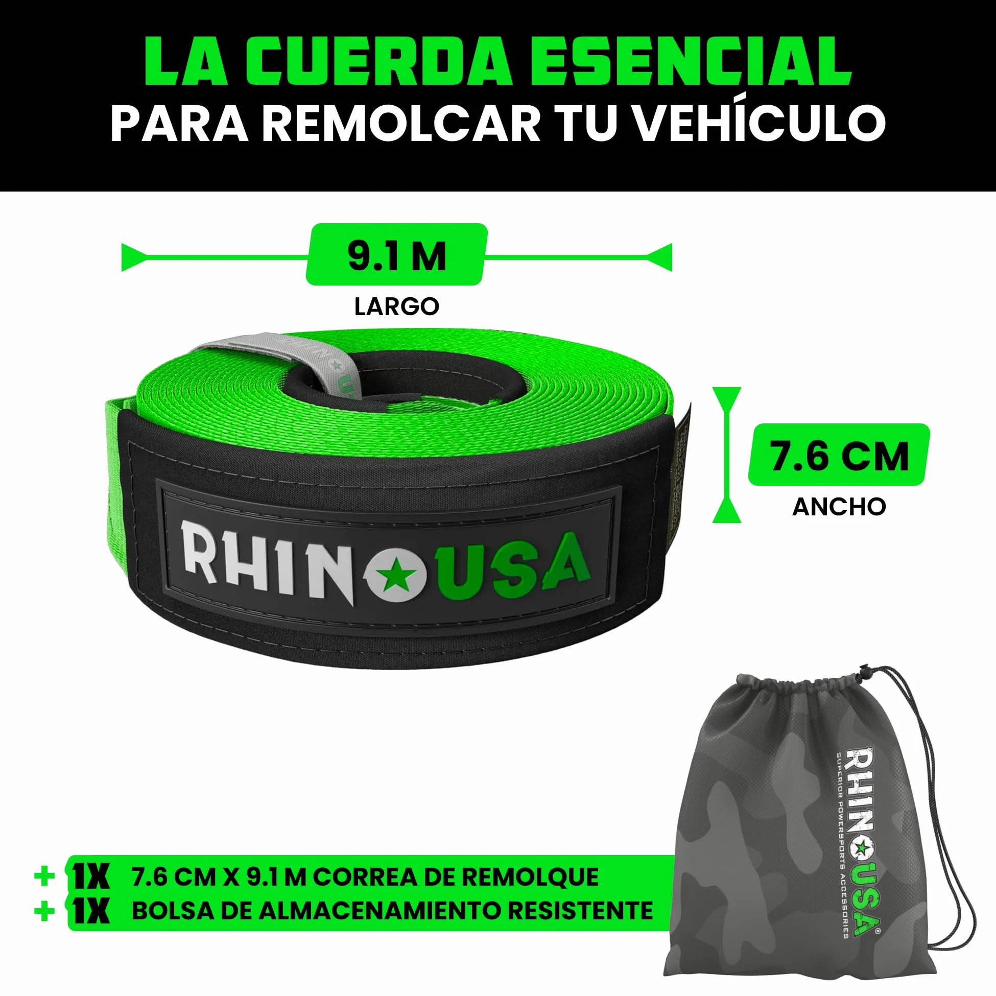 Rhino USA Correa de Remolque 7,6cmx9,1m 13.600kg Cuerda de Recuperación Heavy Duty Verde