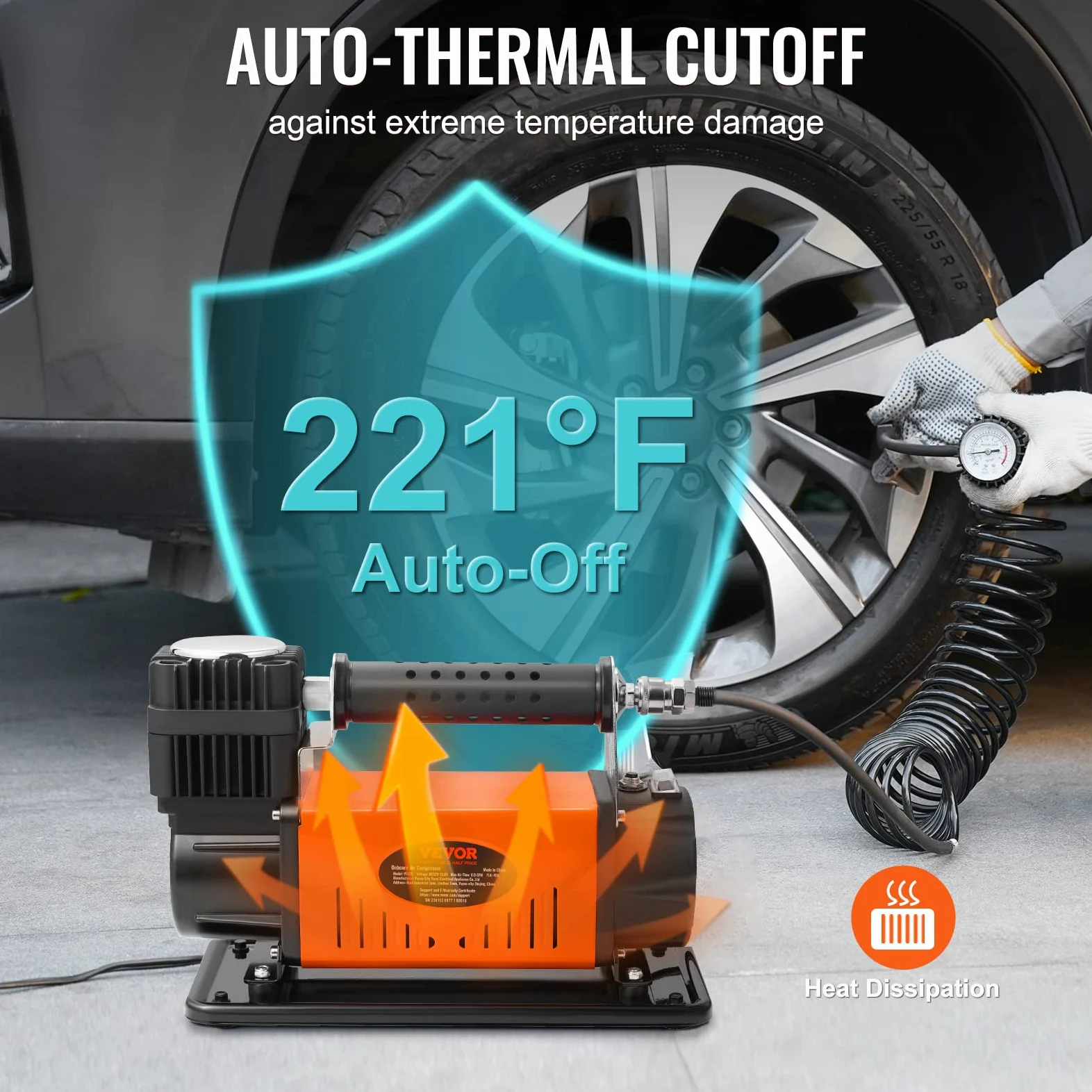 VEVOR Compresor Automático con Motor 12V Inflador Portátil de Neumáticos de Coche 150PSI 6CFM Protección Térmica Bomba de Aire Cable de Alimentación Manguera de Aire de 3m 7,9m para Inflar Camión SUV