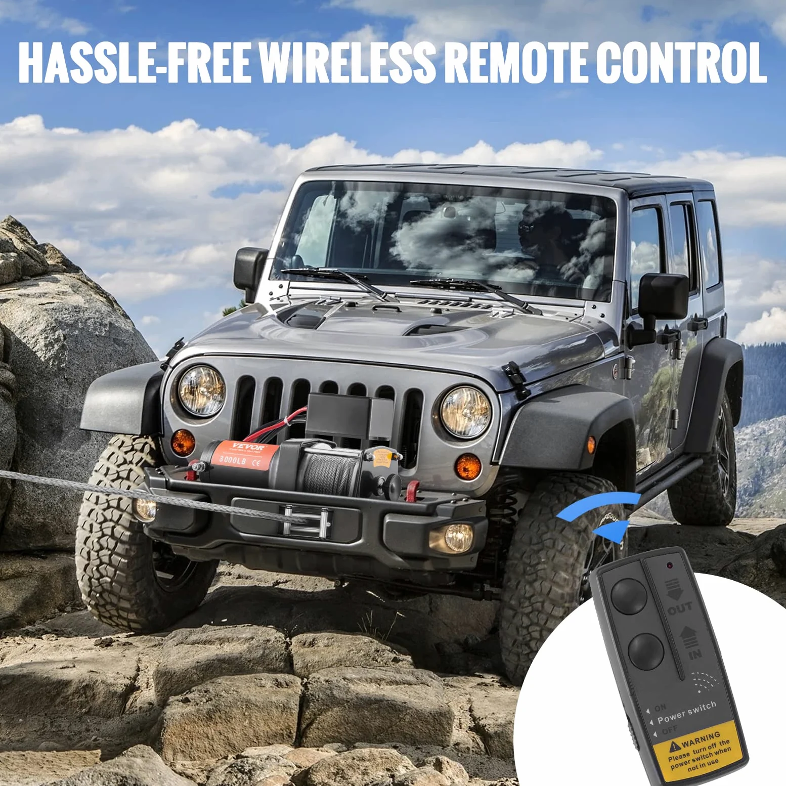 VEVOR Cabrestante eléctrico 12V 3000 libras / 1361kg Cabrestante de Cable de Acero 1,8 m Control Remoto de Mano IP55 con Cable de Control Remoto Negro Ideal para Medianas Grandes SUV Camiones Yates