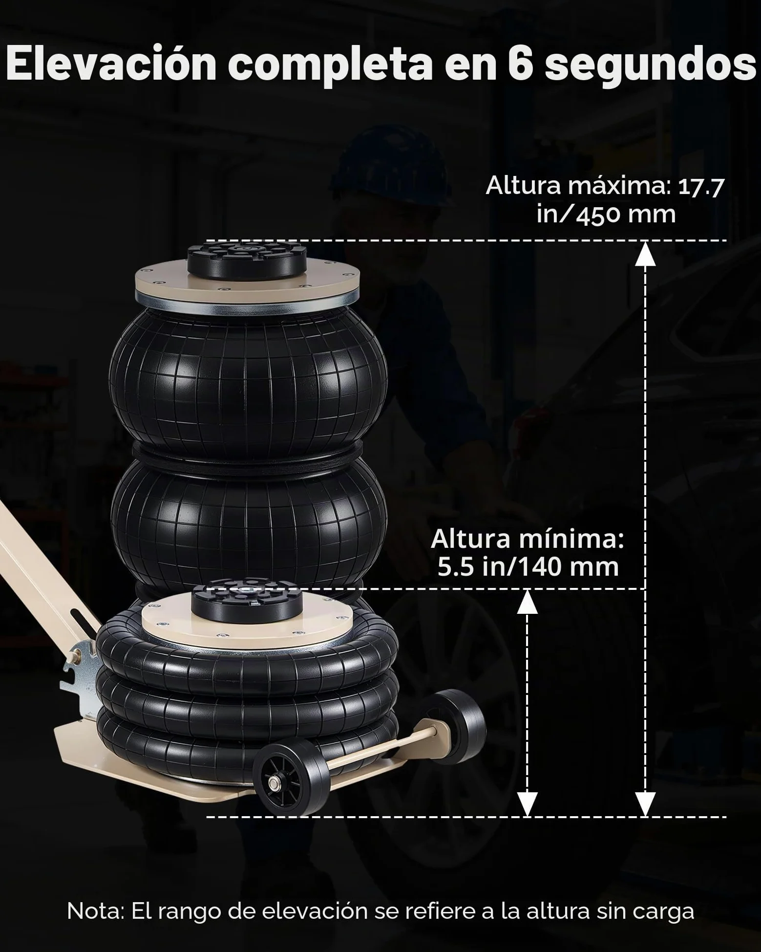 VEVOR Gato Neumático para Coches 3 T, con 6 Tubos de Acero y Manivela Ajustable, Altura de Elevación 140 a 450 mm, para Cambios de Neumáticos y Reparaciones de Vehículo, 1100 x 268 x 140–450 mm