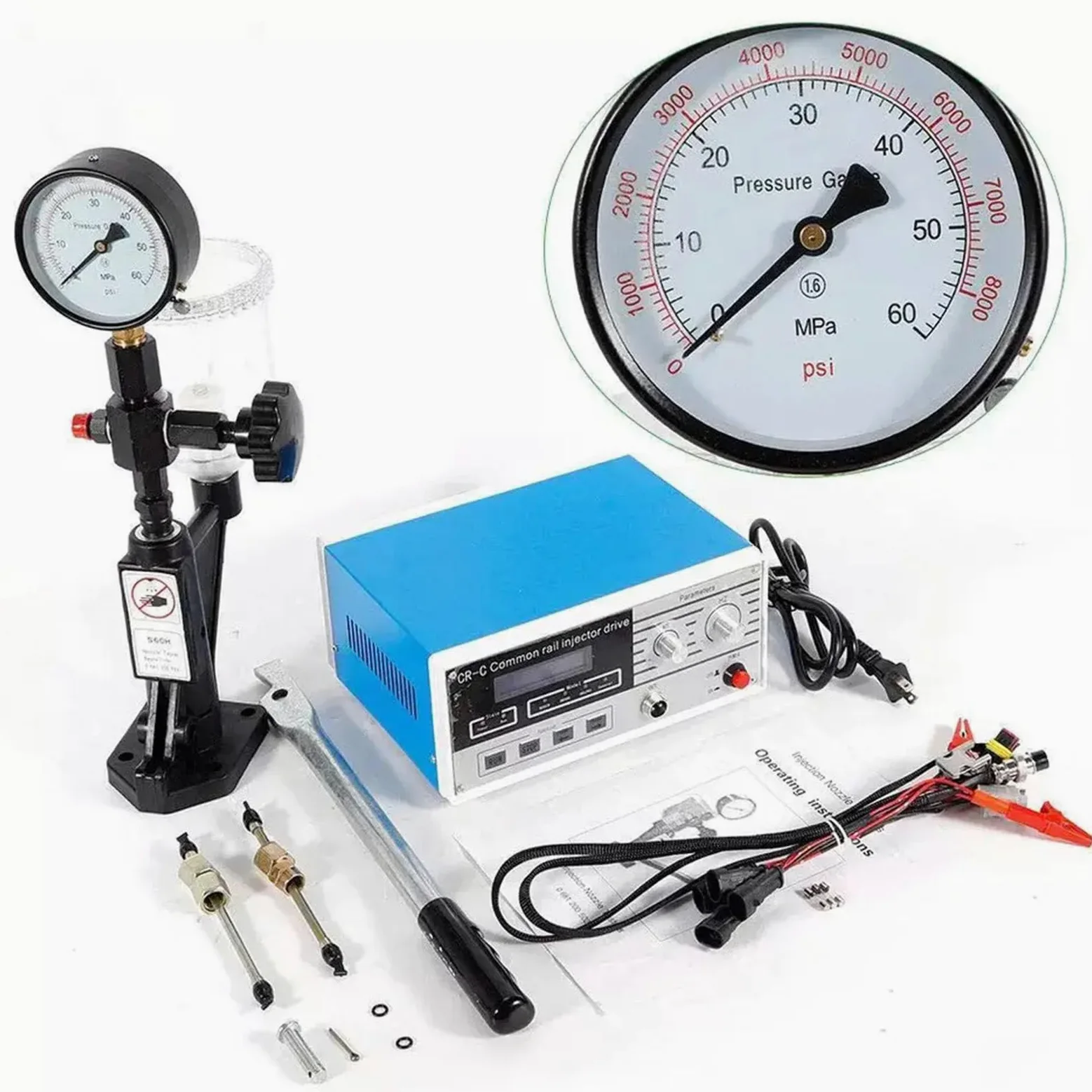 Kit de Comprobador de Inyectores Common Rail, Comprobador de Presión de Boquilla de Inyector Diésel Multifunción CR-C de 600 Bar y 8000 PSI con Boquilla de Combustible S60H