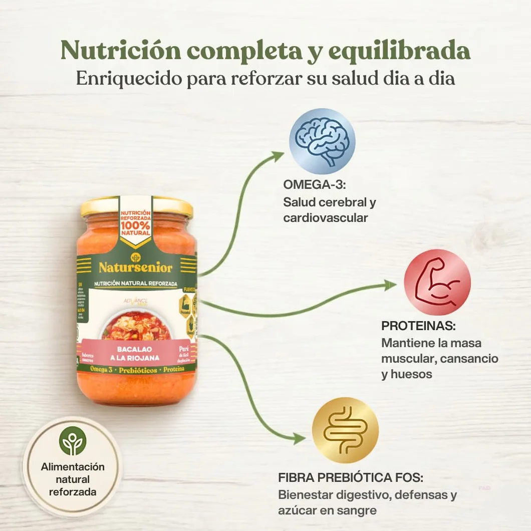 Natursenior Comida Triturada para Personas Mayores Puré de Bacalao a la riojana 100% Natural Omega 3 Fibra Proteína 6 uds x 340g
