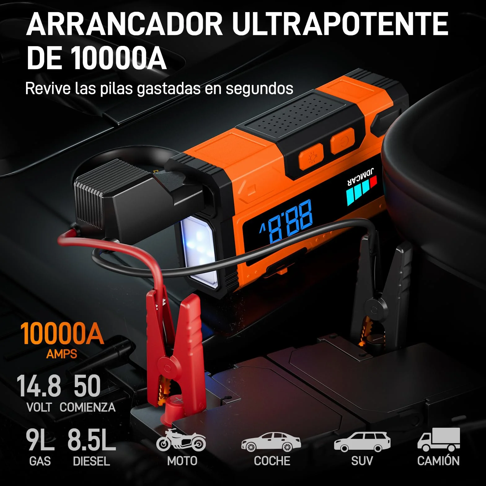 Arrancadores de Bateria de Coche 10000A 12V Arrancador de Coches Motor 9.0L Gasolina 8.5L Diesel Portatil Pantalla LCD Carga Rapida Linterna LED