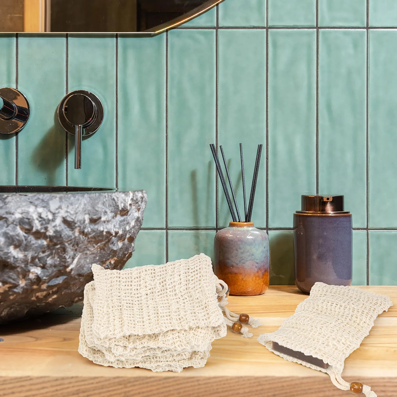 Bolsas de jabón de sisal con cordón para baño y ducha, 40 unidades