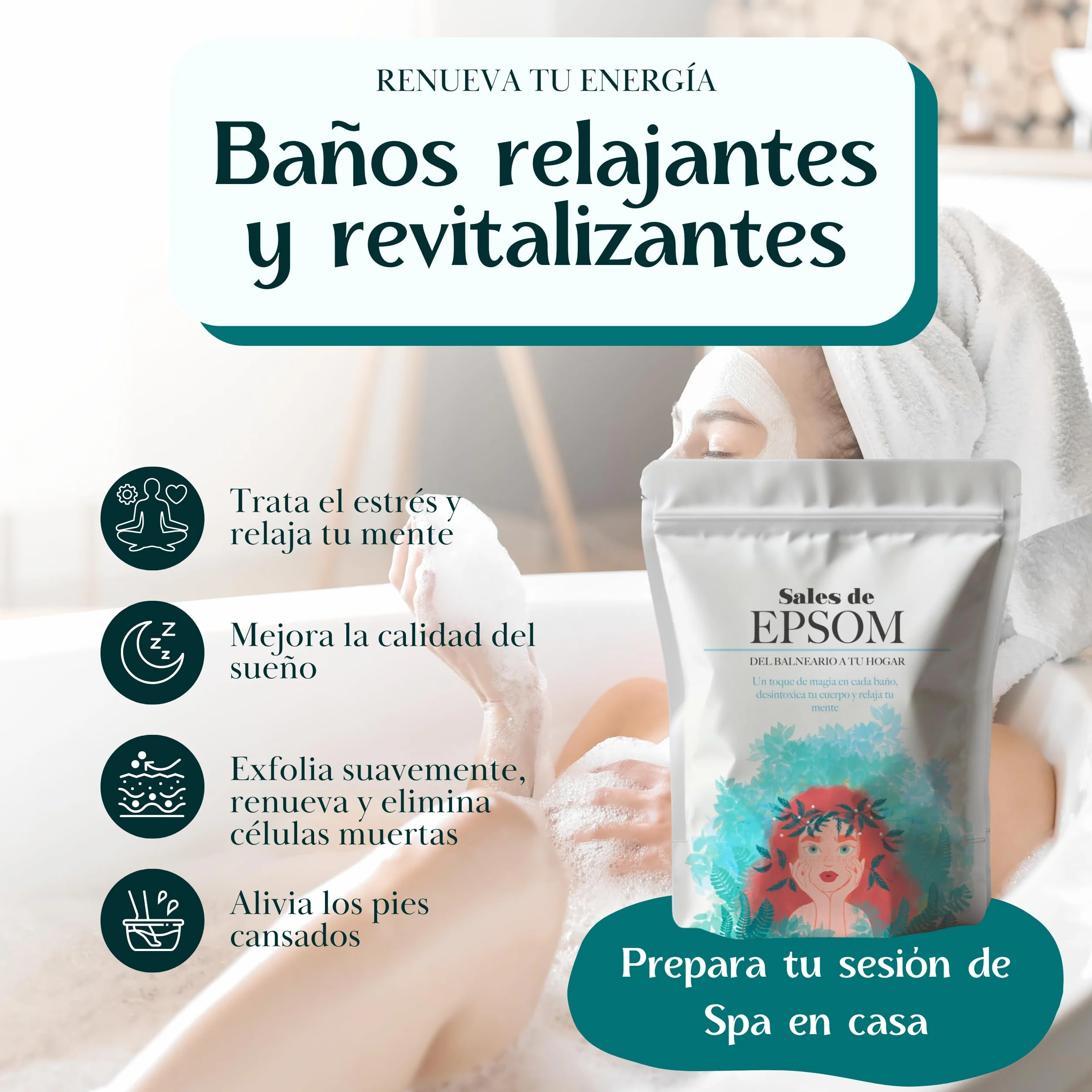 Magnesio para Baño y Pies Sales de Epsom 1kg Bienestar Relajación Muscular Revitalizante Sin Aditivos