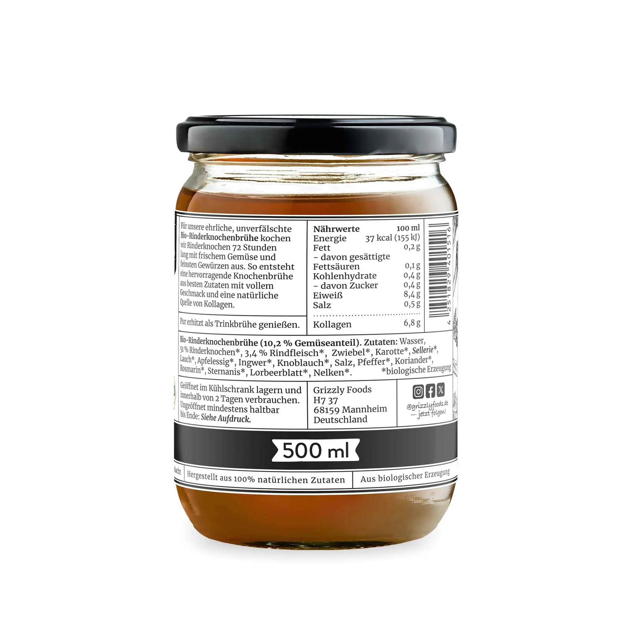 Grizzly Foods Caldo de Hueso de Ternera Orgánico 6 x 500 ml Colágeno 25 g Bone Broth