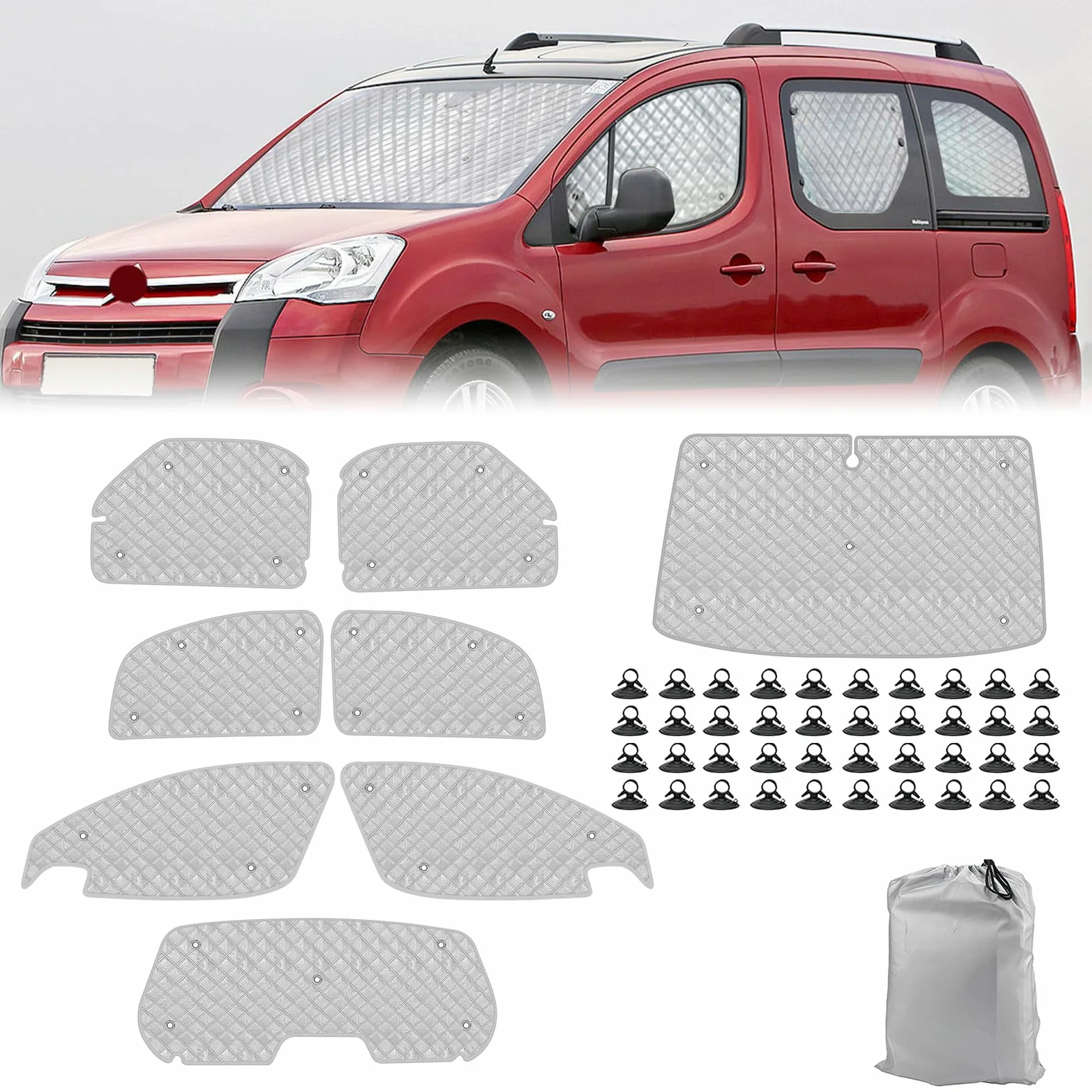 Parasol para Parabrisas Compatible con Citroen Berlingo 2008-2018, 8 Piezas Juego de Protector de Parabrisas, Juego de Ventana de Persiana Térmica Interior con Bolsa Almacenamiento