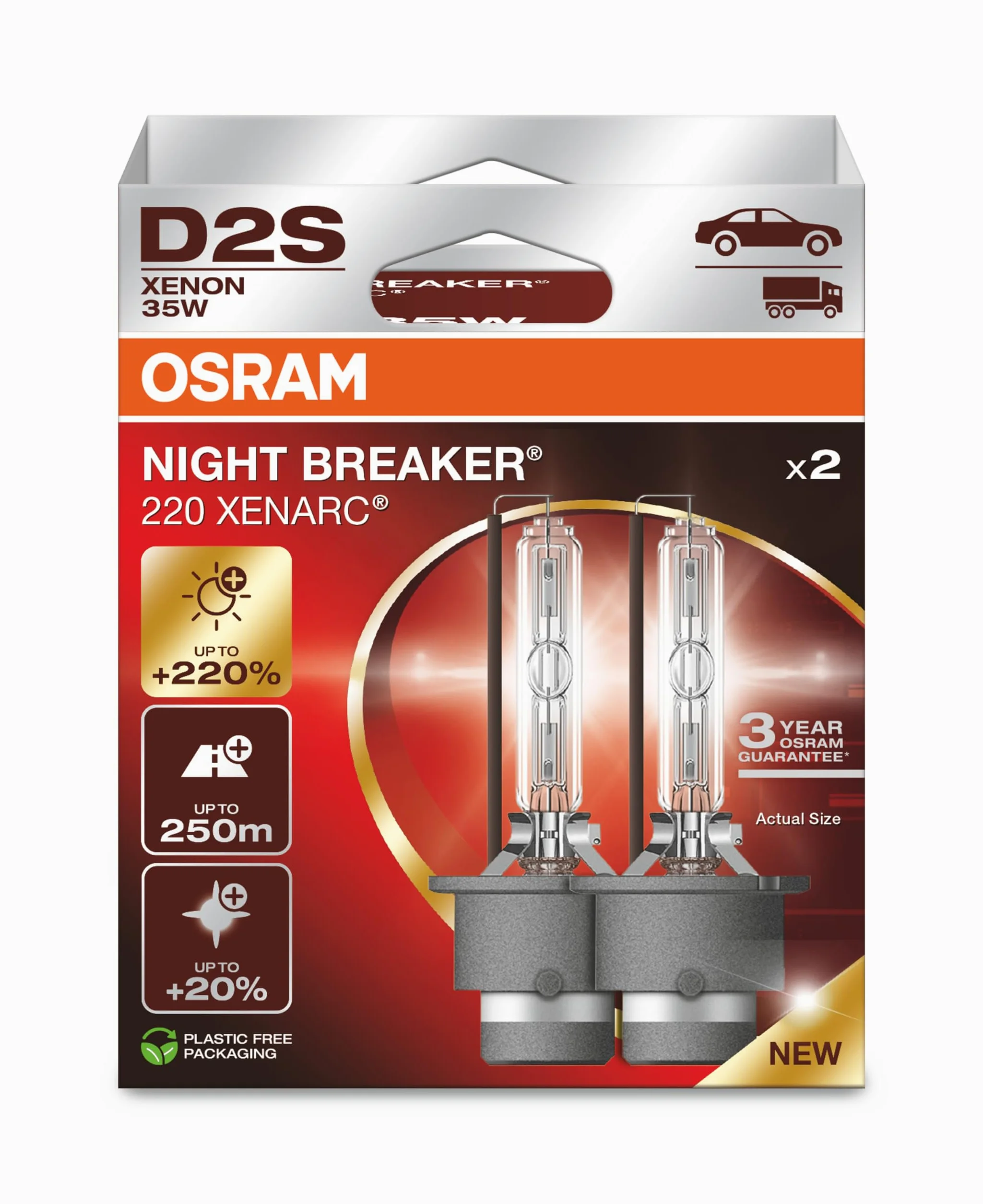 OSRAM XENARC NIGHT BREAKER 220, D2S, +220% más brillo, lámpara de faro de xenón, 66240XN2-2HB, Caja plegable (2 lámparas)