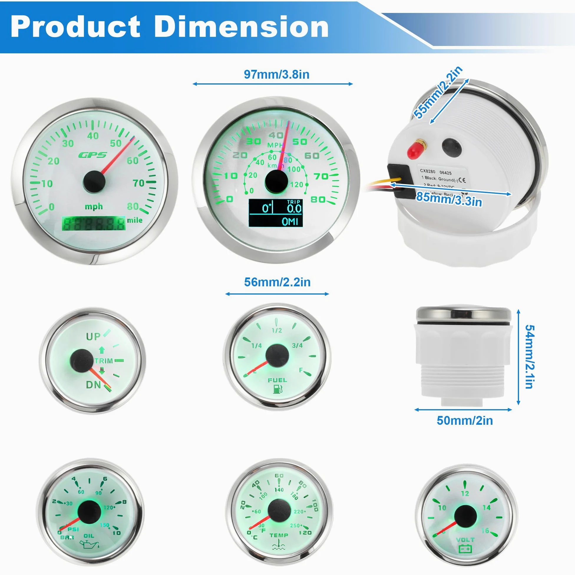 Motoforti 7 Juego 3-3/8" 85mm GPS Velocímetro Tacómetro, 2-1/16" 52mm Aceite Presión, Combustible Nivel, Agua Temperatura, Voltímetro Ajuste Impermeable Marino Barco Indicadores Kit Blanco