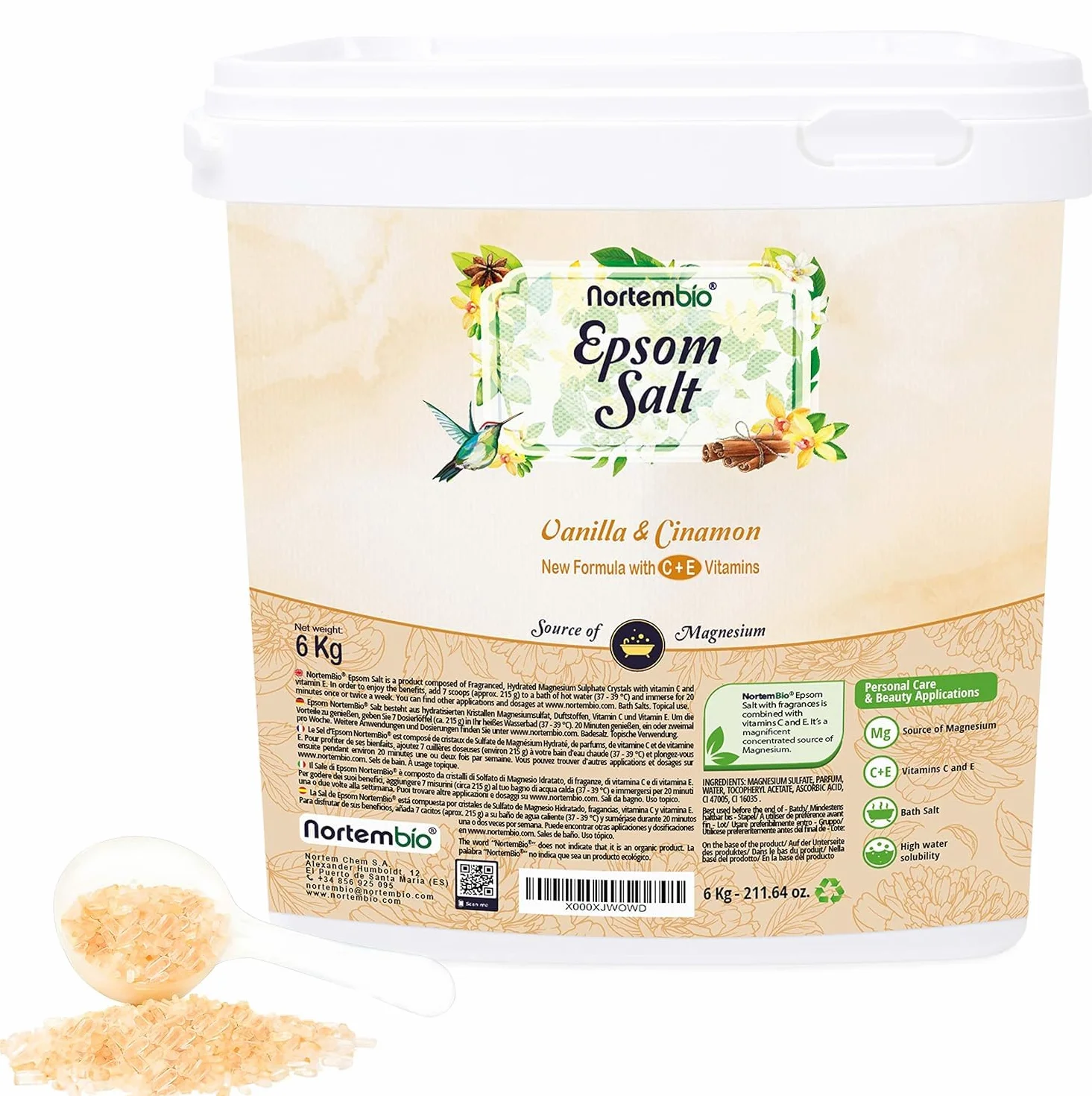 Nortembio Sales de Epsom con Fragancias 6 kg Sal de Magnesio Premium para Baño Relajante y Cuidado Muscular Vainilla y Canela