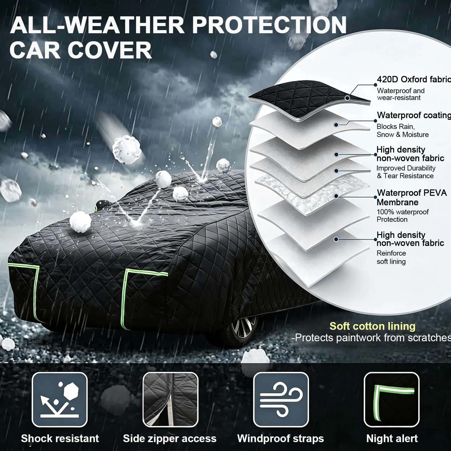 Funda Coche Antigranizo para Peugeot e-5008 (2024-2026) Espesado de 7 Capas, Forro Suave, Transpirable, Antiviento, Impermeable, Tejido Oxford, Anti-UV, 4 Estaciones